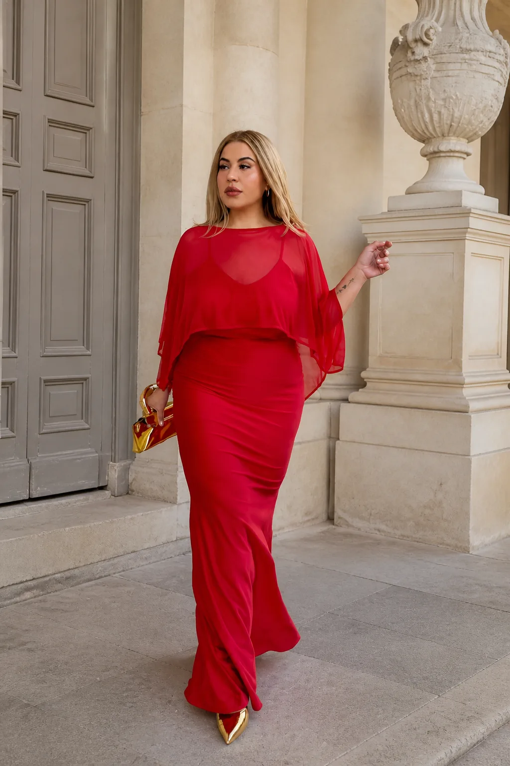 Elegant Crimson Cape Floor-Length Gown