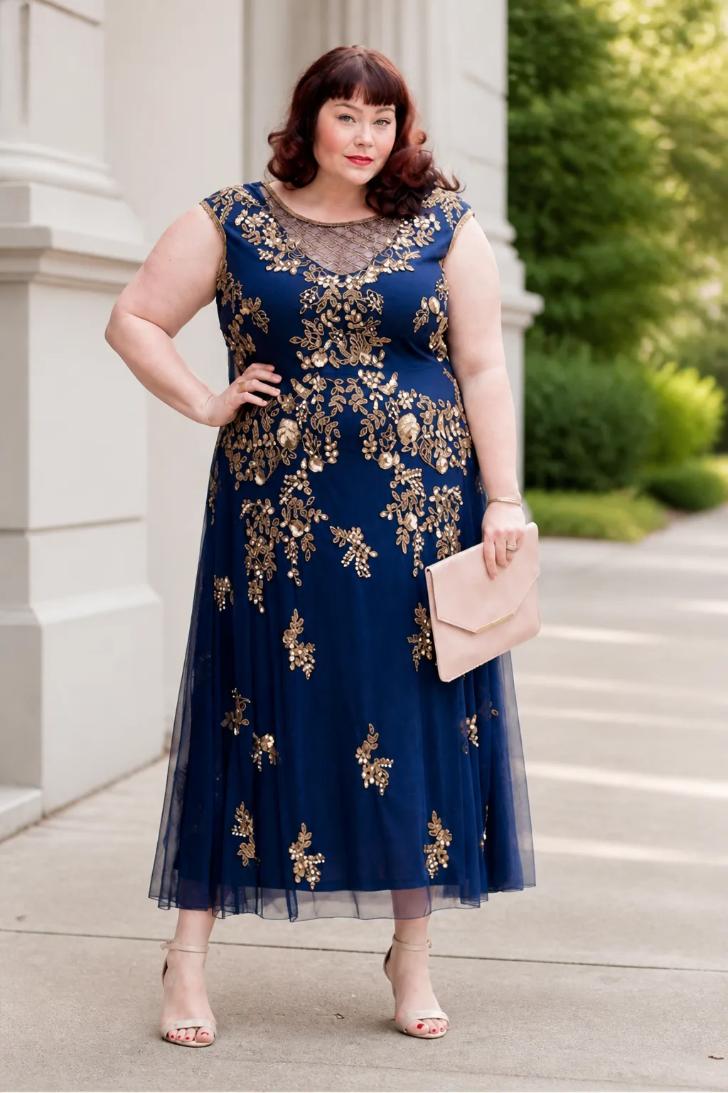 Elegant Embellished Navy Midi Dress