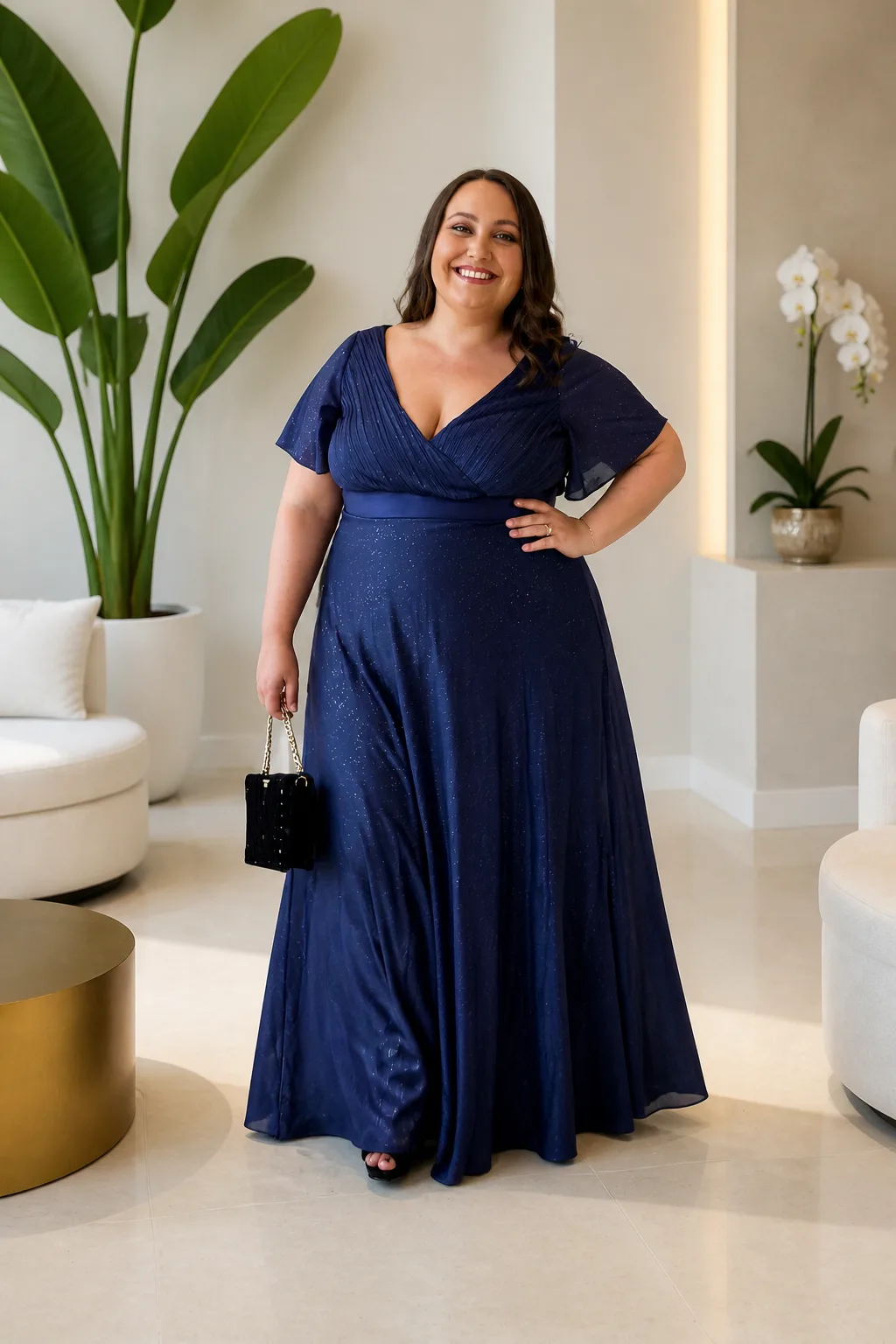 Elegant navy evening gown for wedding guests