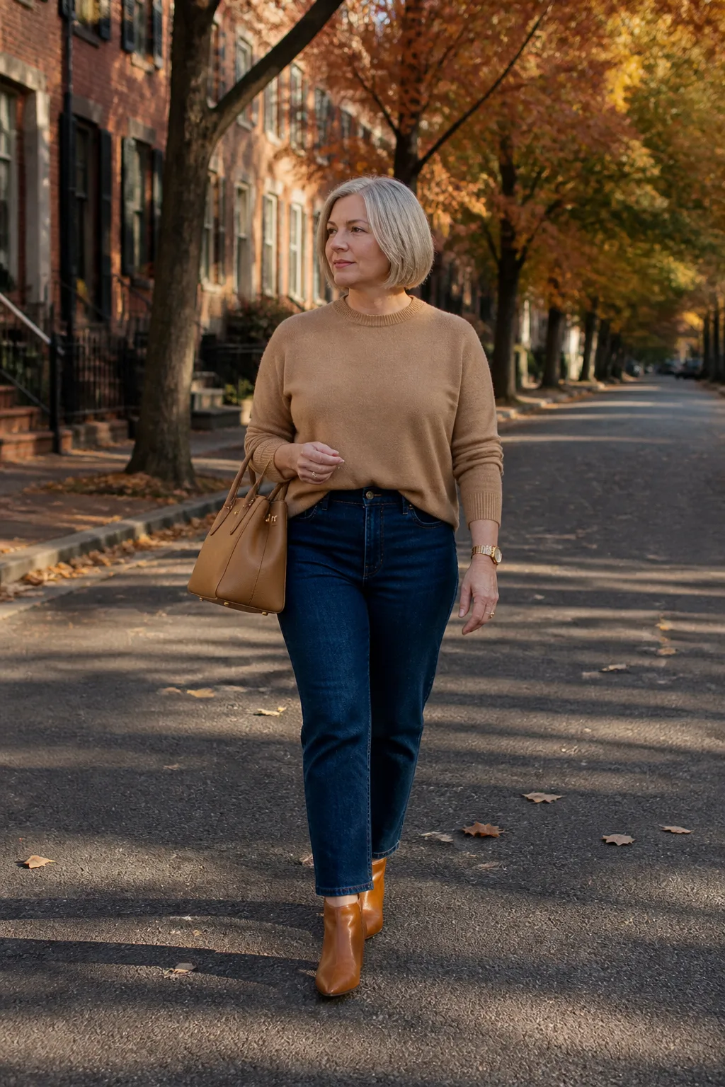 Elegant Neutral Knit and High-Waist Denim