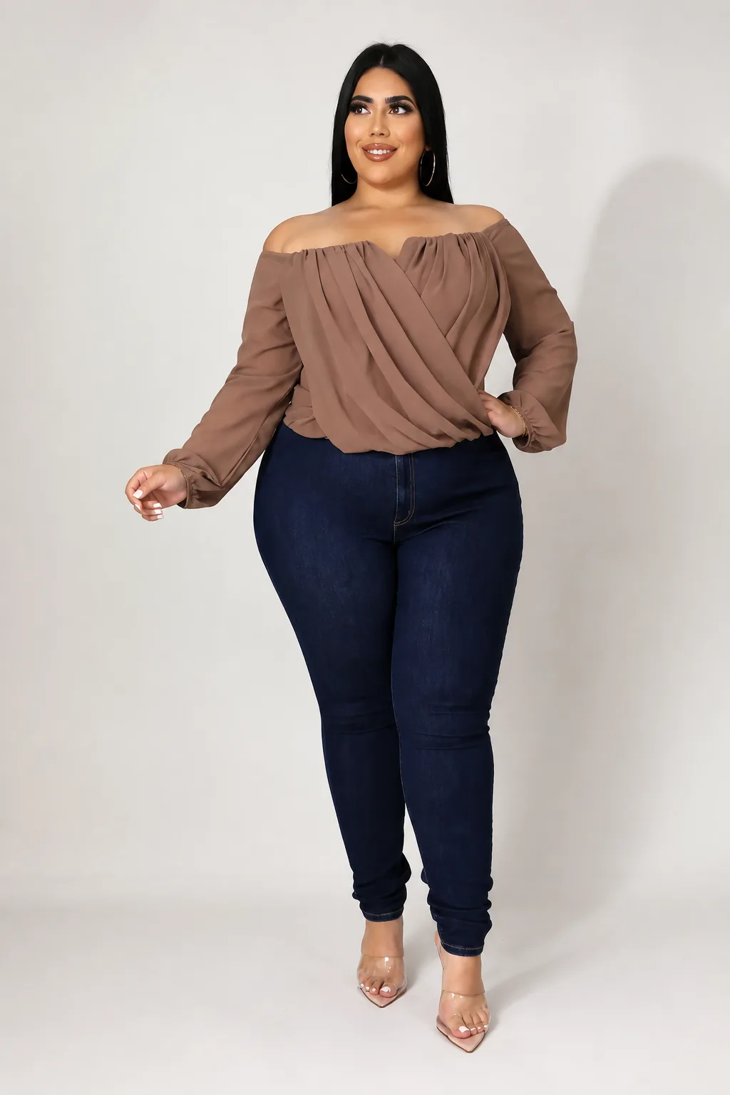 Elegant Off-Shoulder Drape Meets Denim