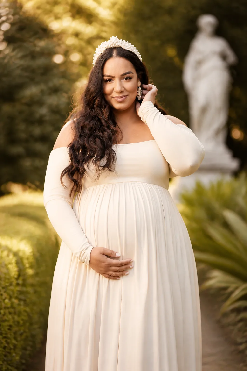 Elegant Off-the-Shoulder Cream Maternity Gown
