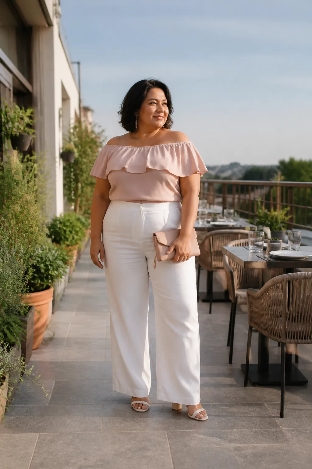 Elegant off-the-shoulder top and trousers