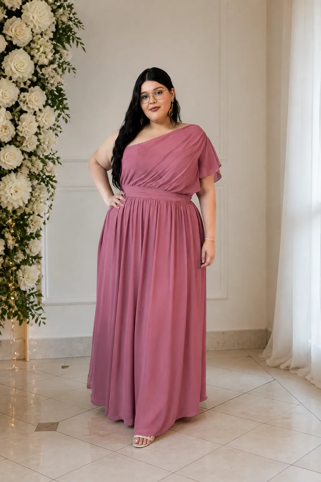 Elegant One-Shoulder Mauve Maxi Dress