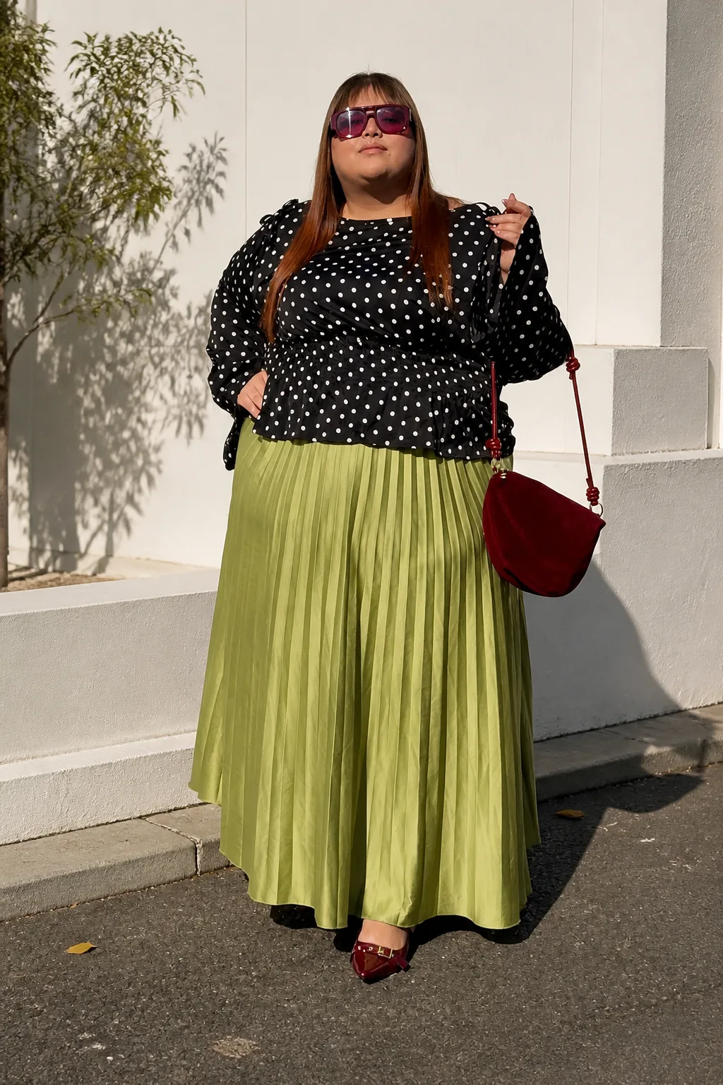 Elegant Polka Dot and Pleated Skirt Ensemble