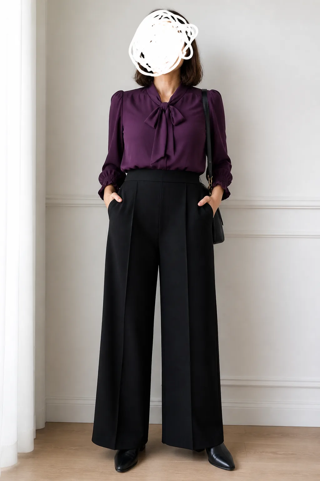 Elegant Purple Blouse and Black Wide-Leg Pants