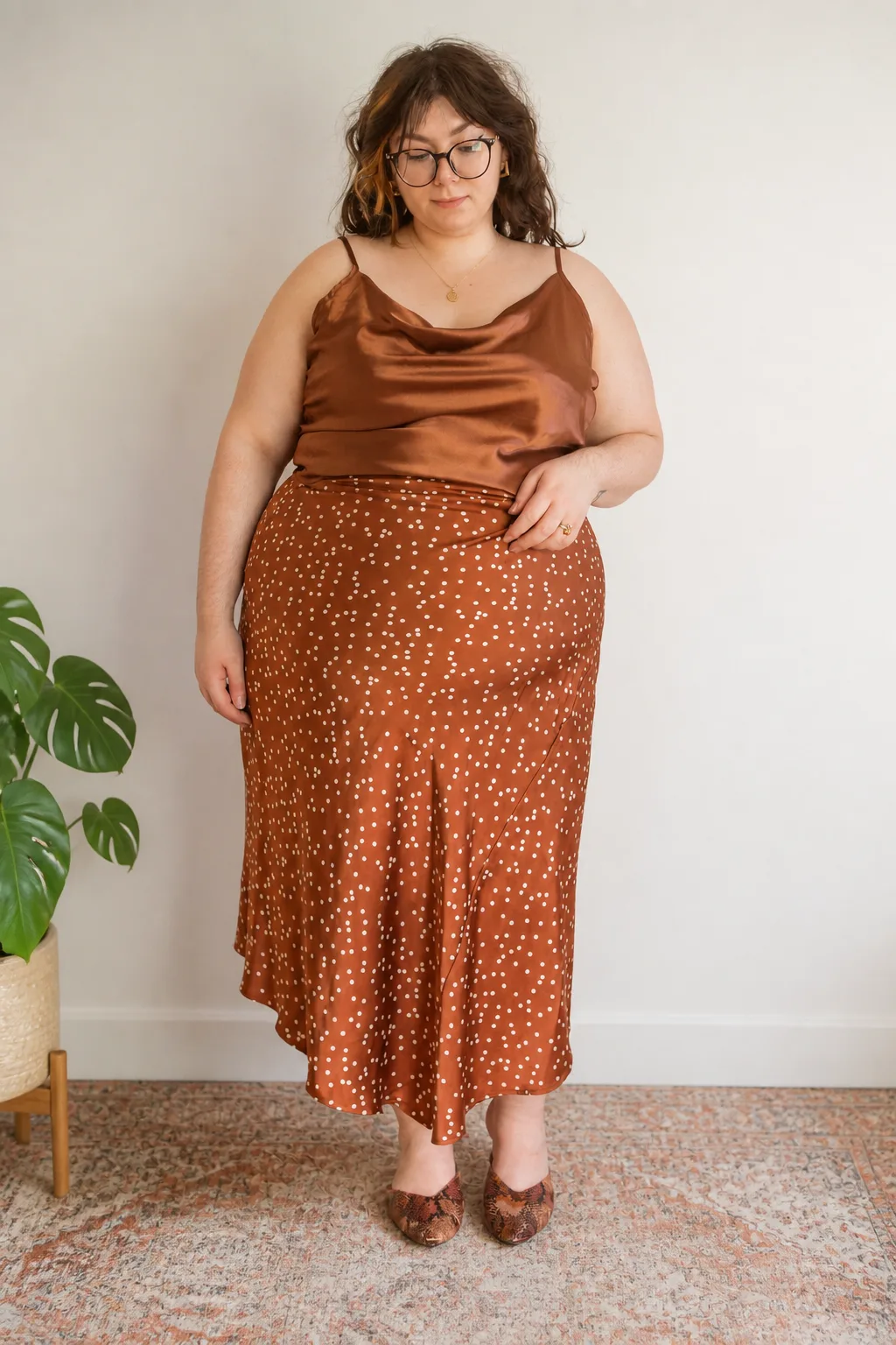 Elegant Rust Satin and Polka Dot Ensemble