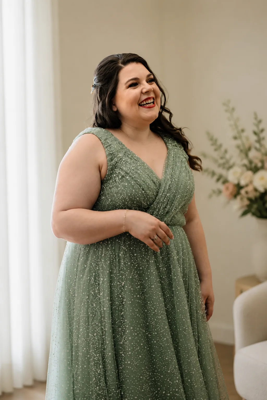 Elegant sage green plus size guest dress