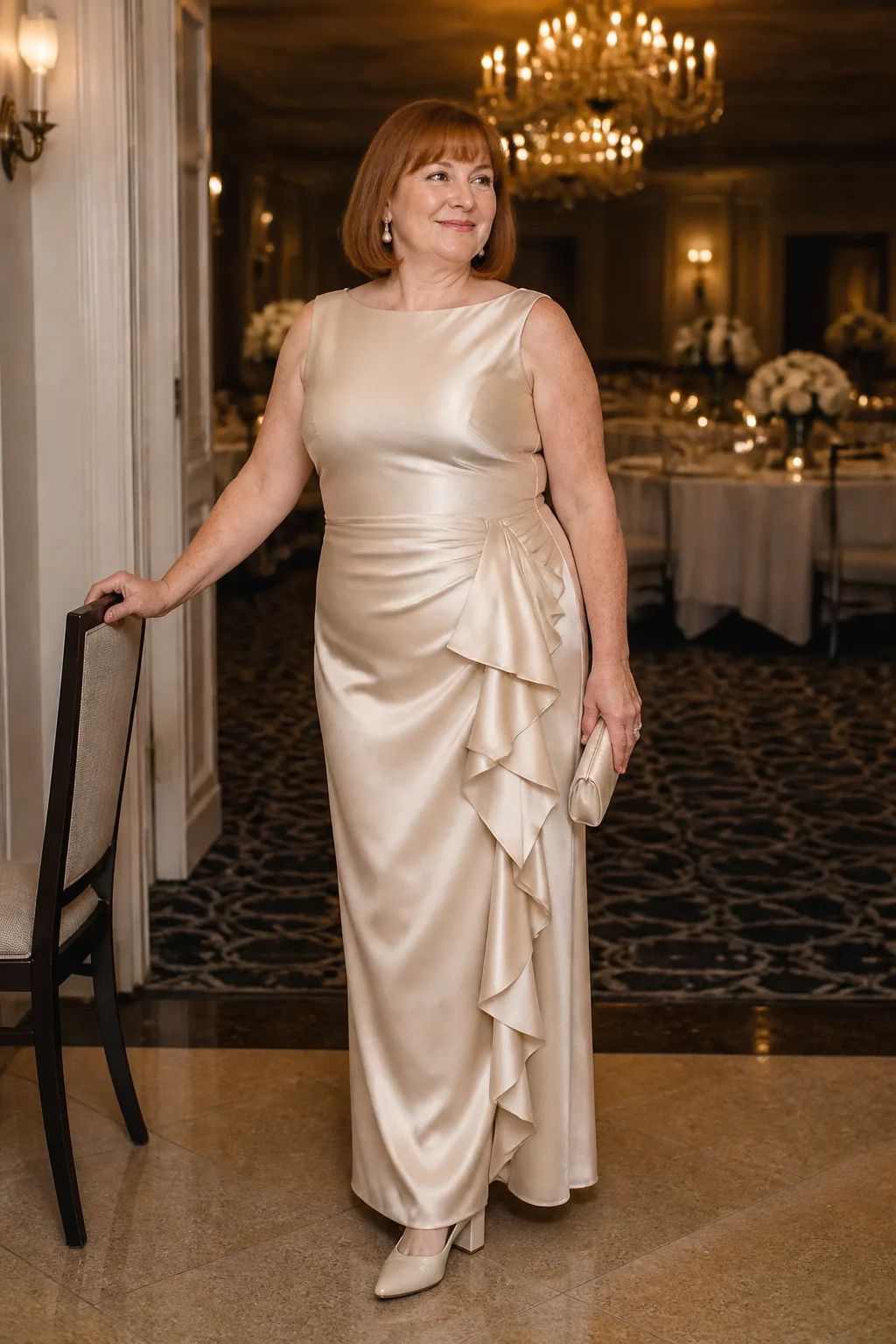 Elegant Satin Ruffle Evening Gown
