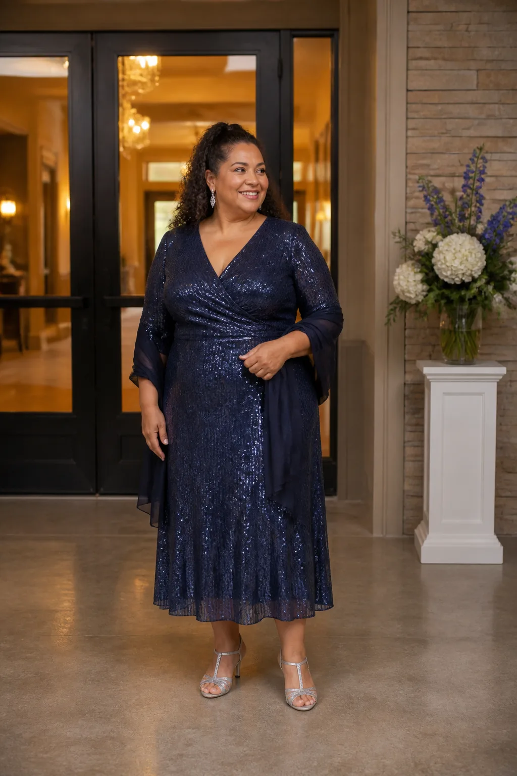 Elegant shimmering navy blue midi formal dress