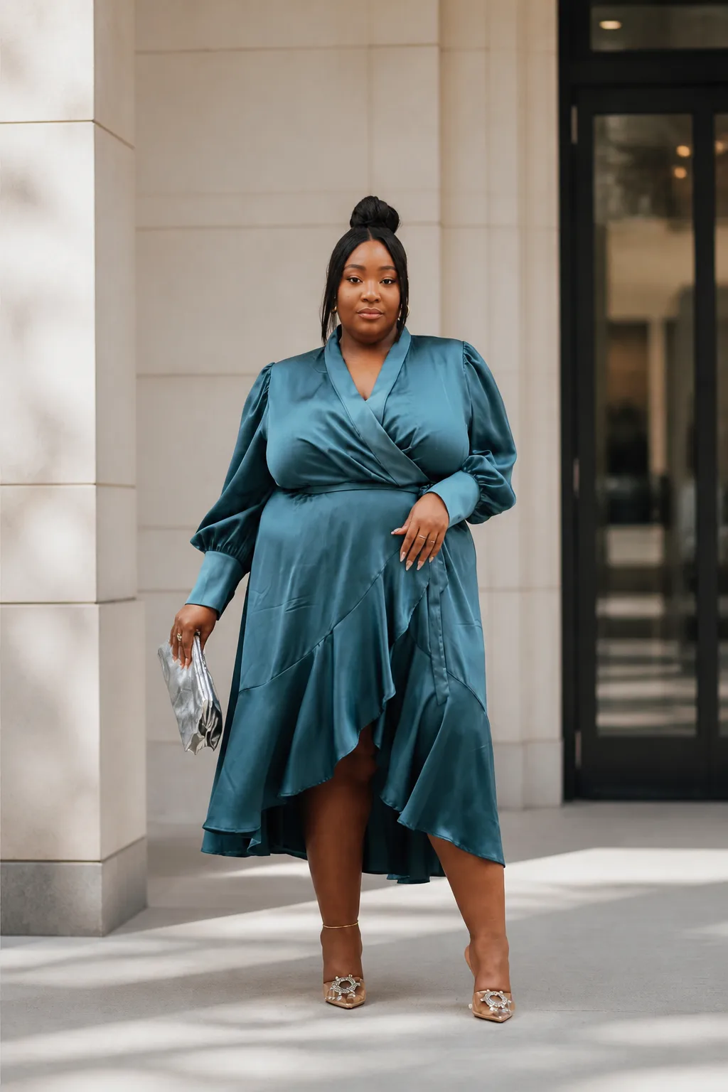 Elegant Teal Wrap Dress for Curvy Figures