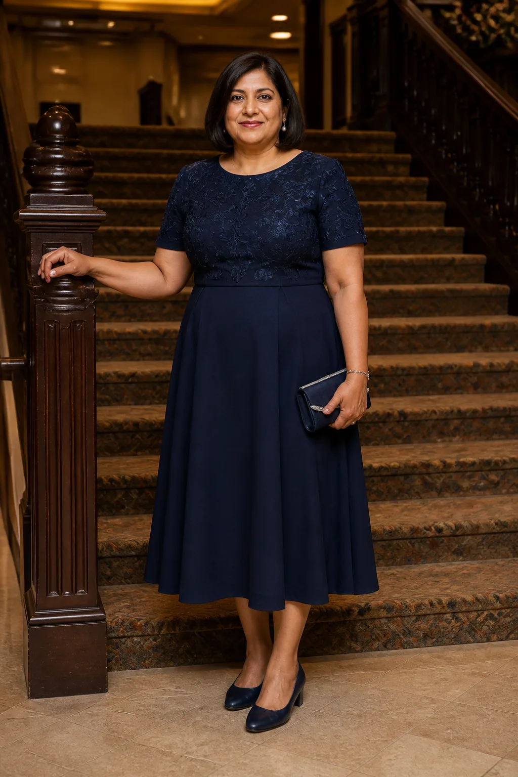 Embroidered Navy Blue Tea-Length Dress