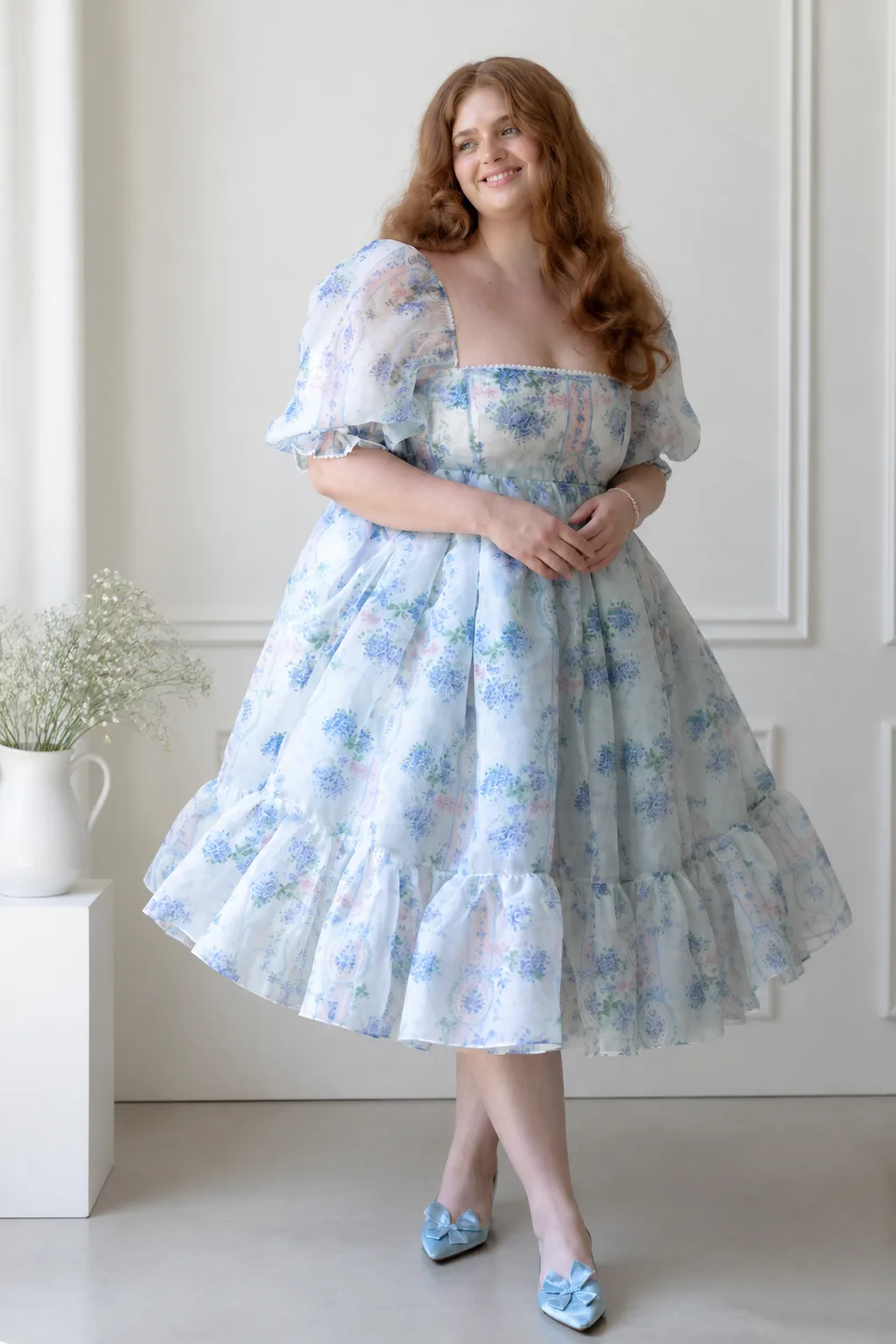 Ethereal Floral Puff-Sleeve Midi Dress