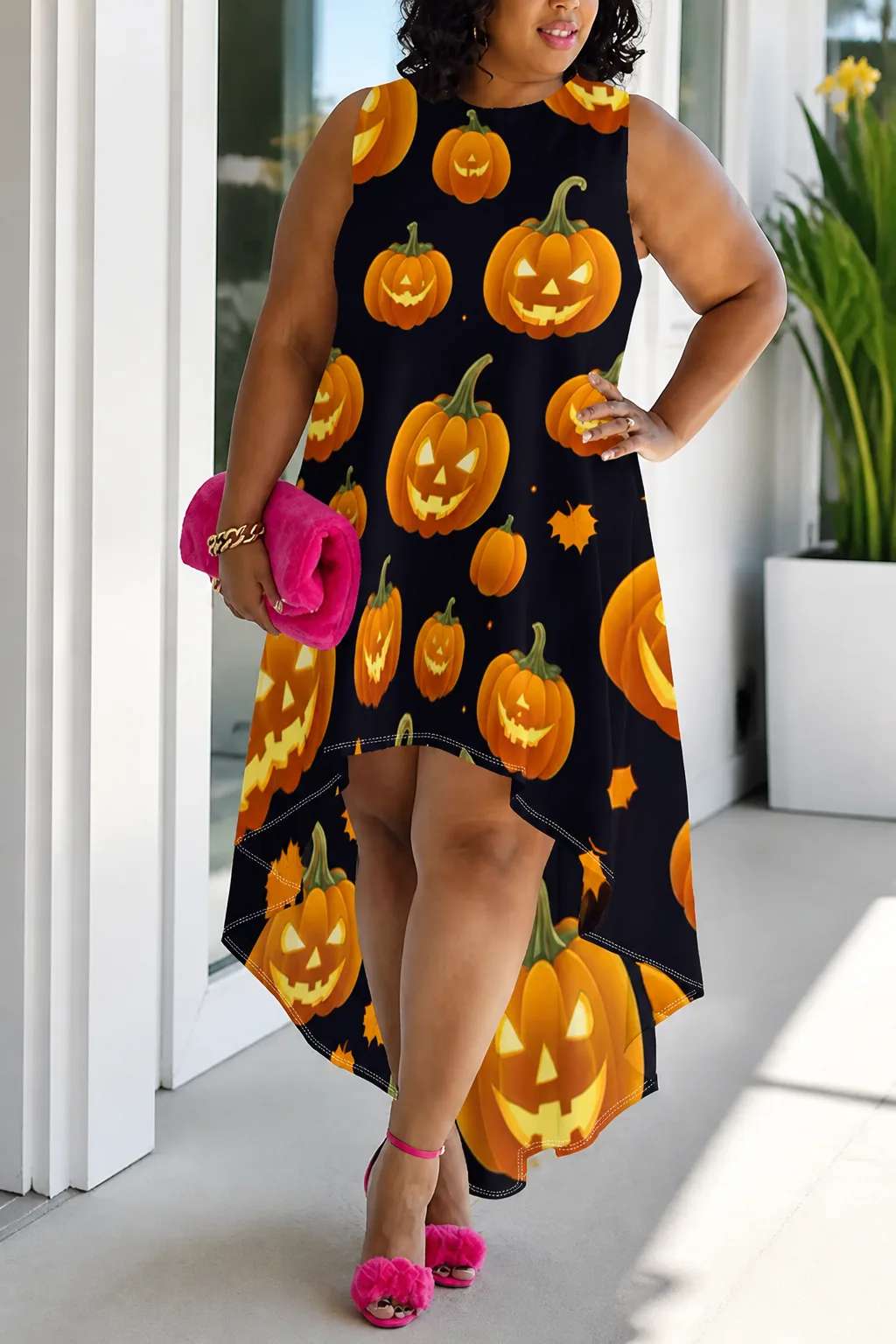 Festive Pumpkin Print Plus-Size Halloween Dress