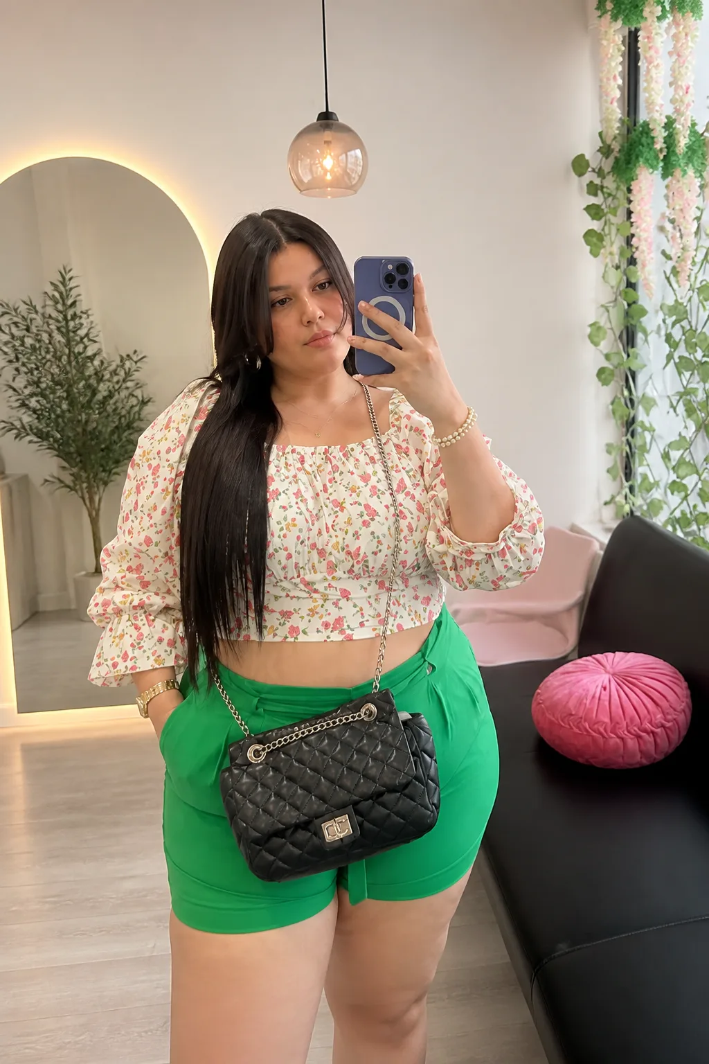 Floral Crop Top and Green Shorts