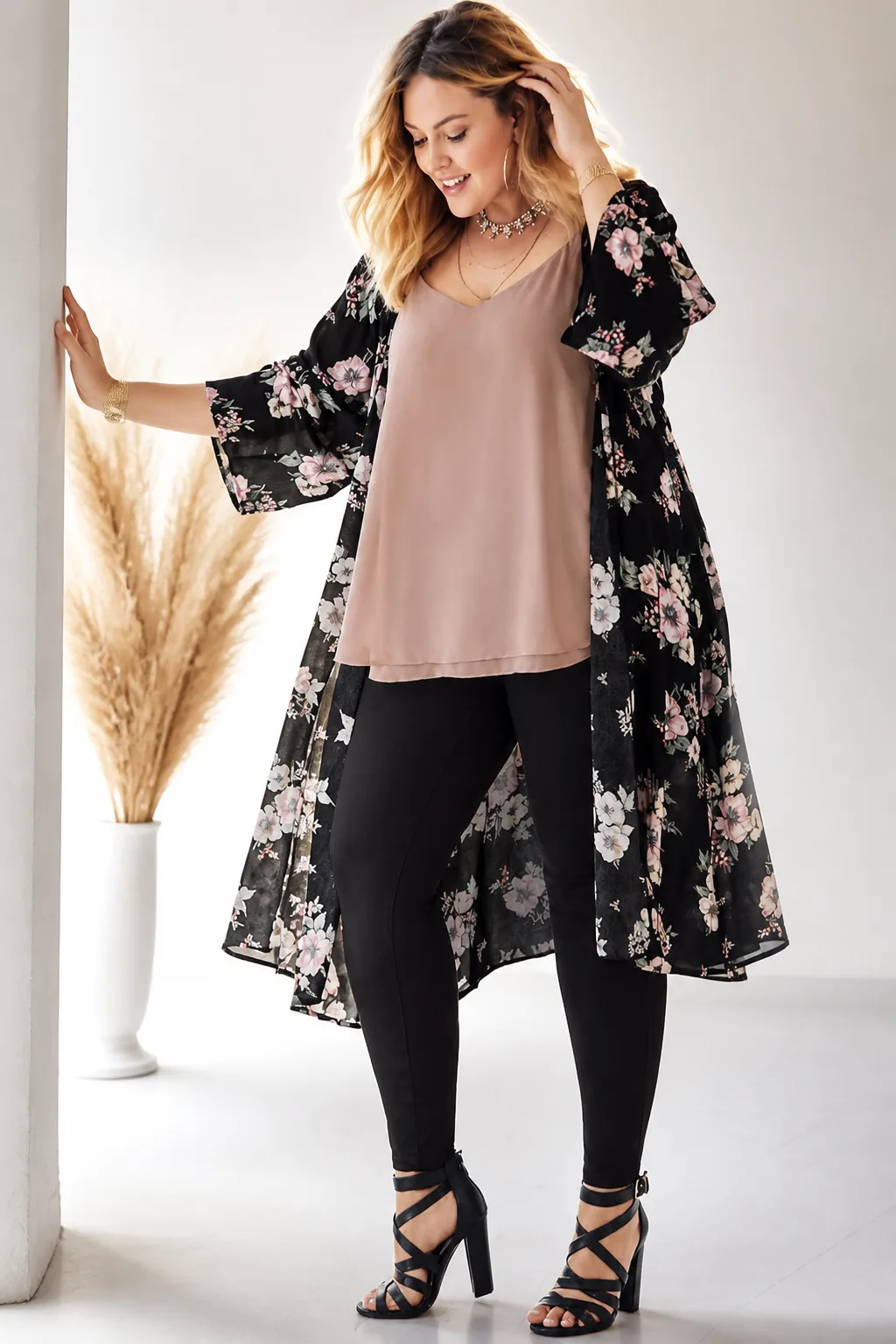 Floral Kimono and Blush Blouse Combo