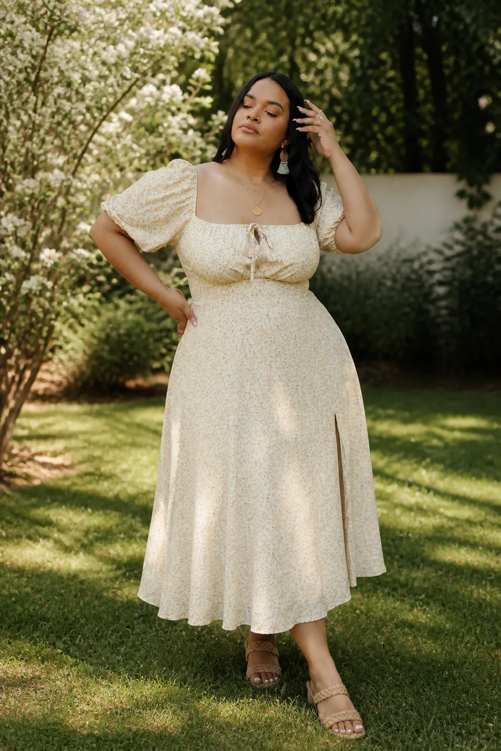 Floral Midi Dress with Puff Sleeves
