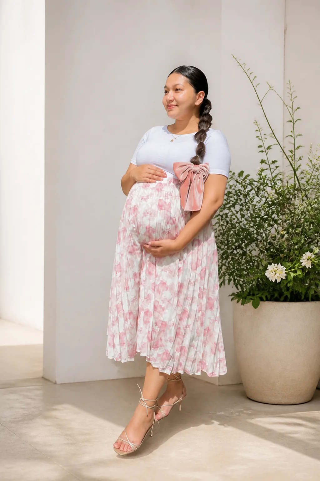 Floral Midi Skirt with Bow Accent