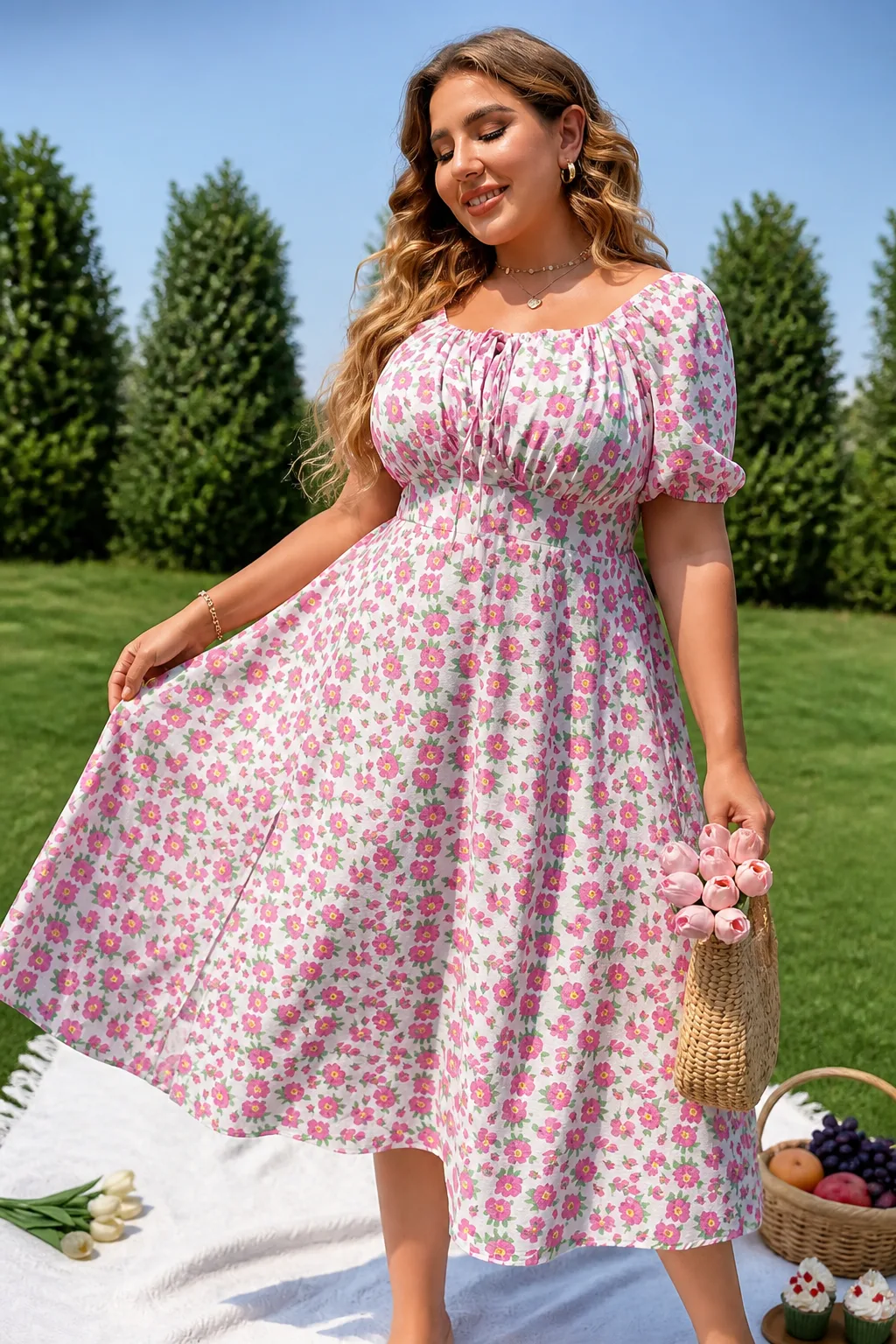 Floral Puff-Sleeve Picnic Dress