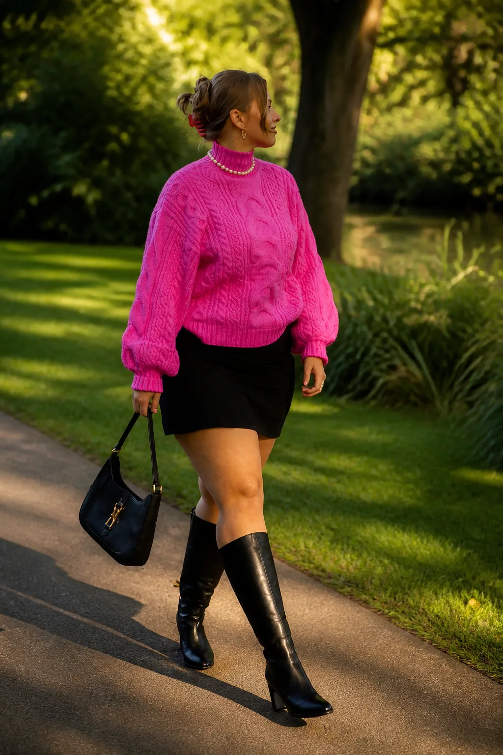 Fuchsia Knit and Knee-High Boots