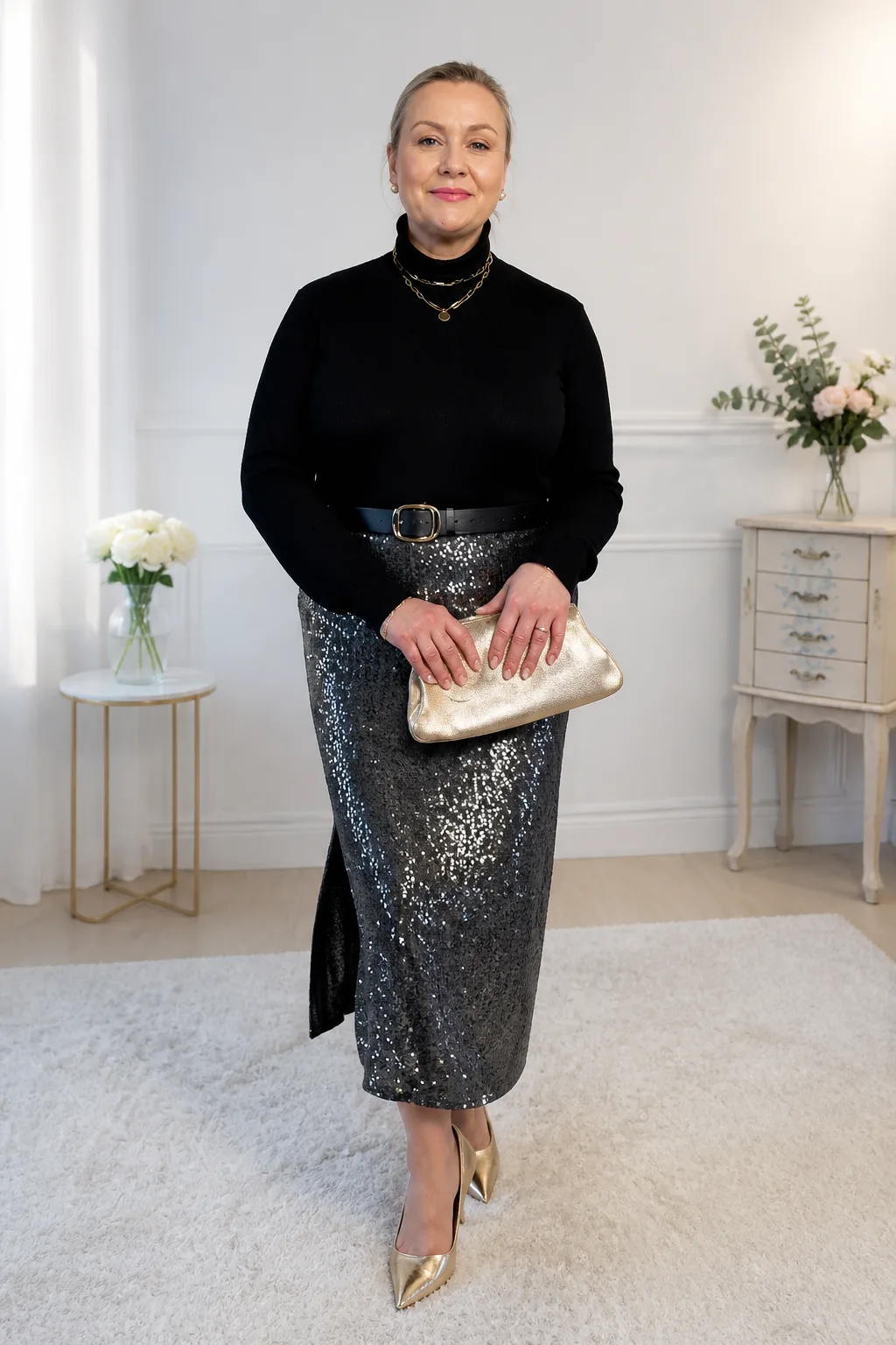 Glamorous Sequin Skirt Outfit for Apple Shapes