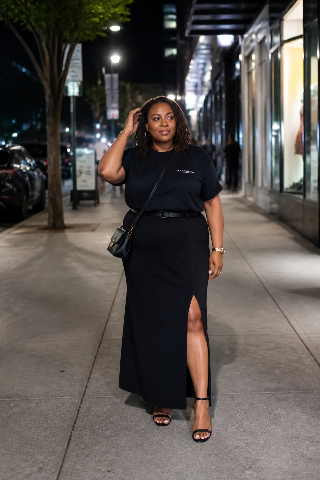 Graphic tee and high-slit maxi skirt