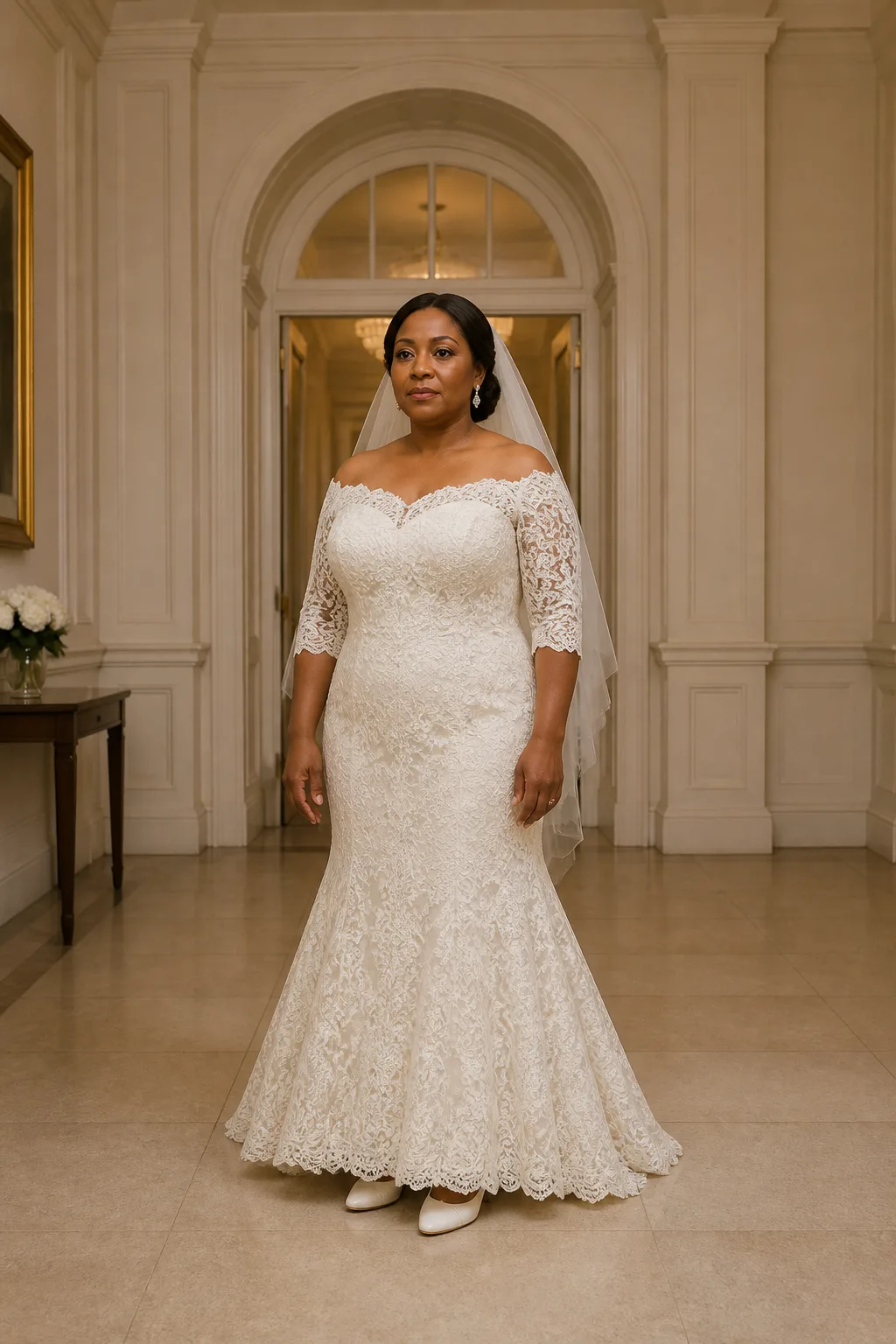 Intricate Lace Off-the-Shoulder Elegance