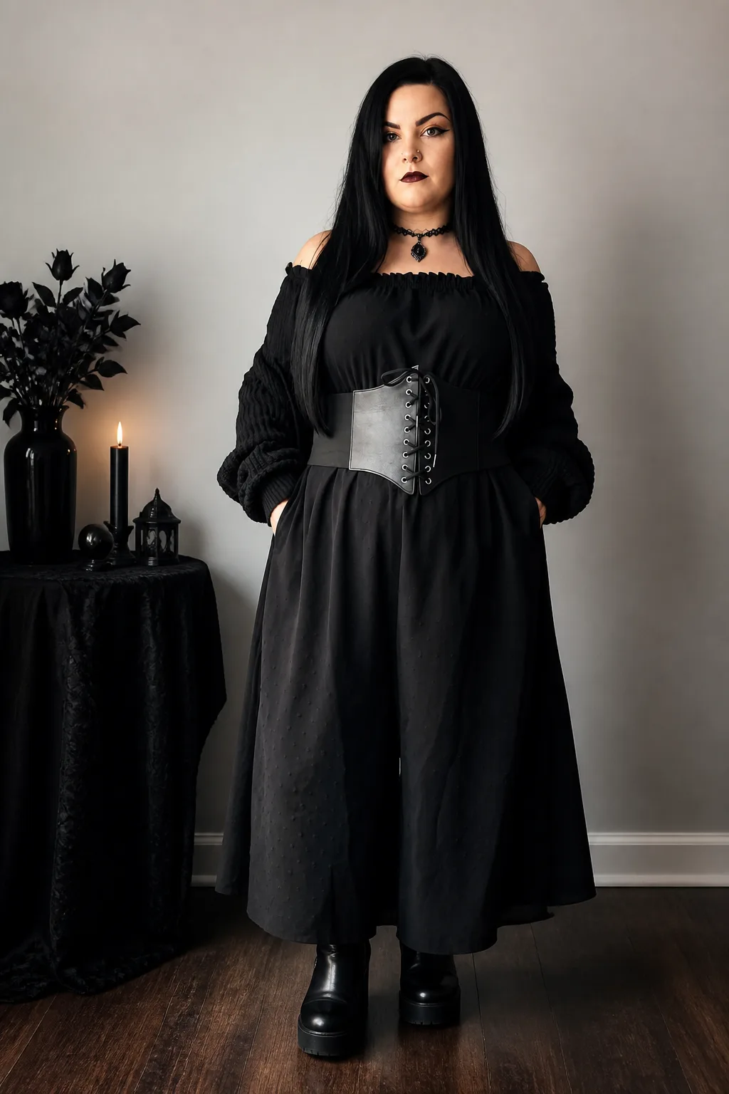 Layered corporate gothic outfit for plus-size women