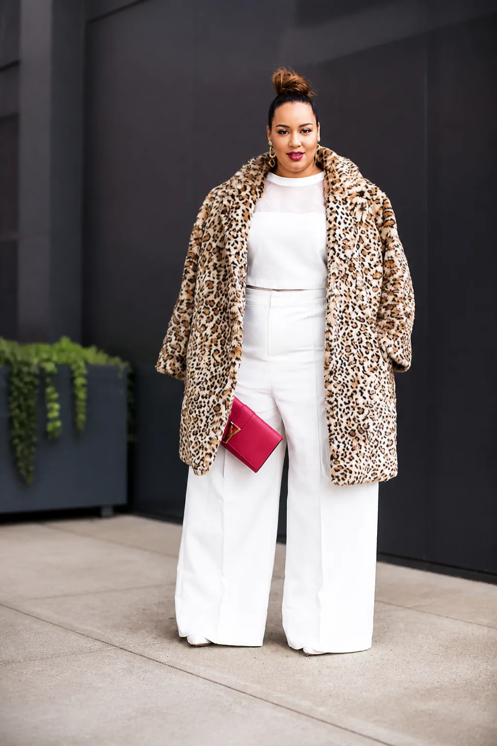 Leopard Coat Over White Ensemble
