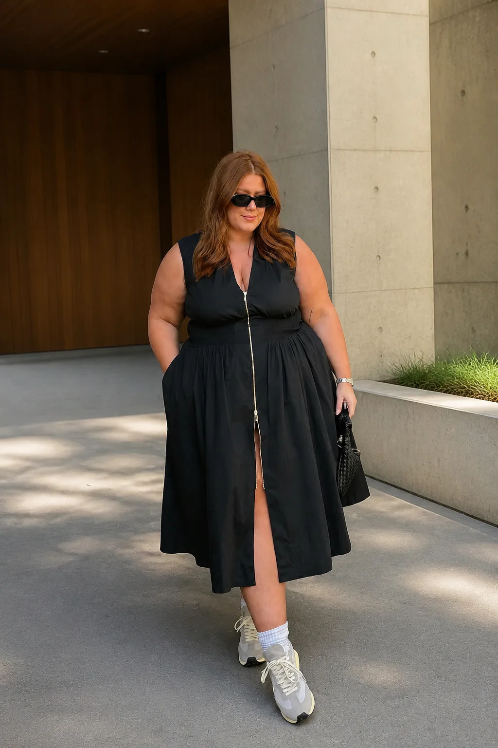 Modern black zip-front midi dress