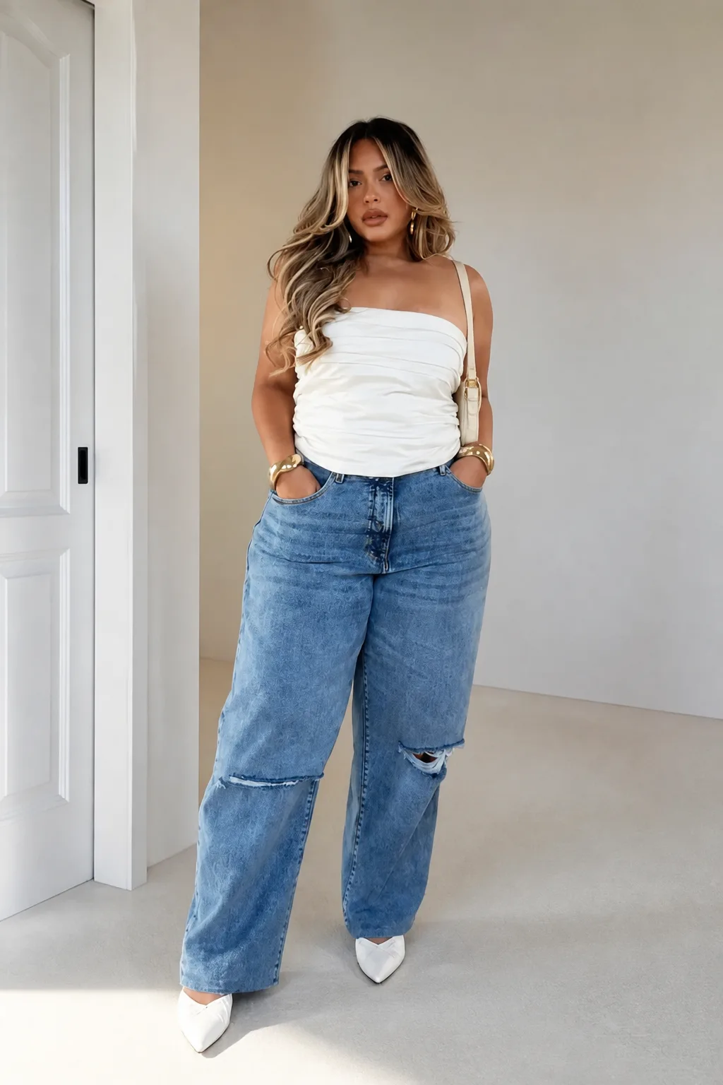Modern Tube Top and Loose Denim Look