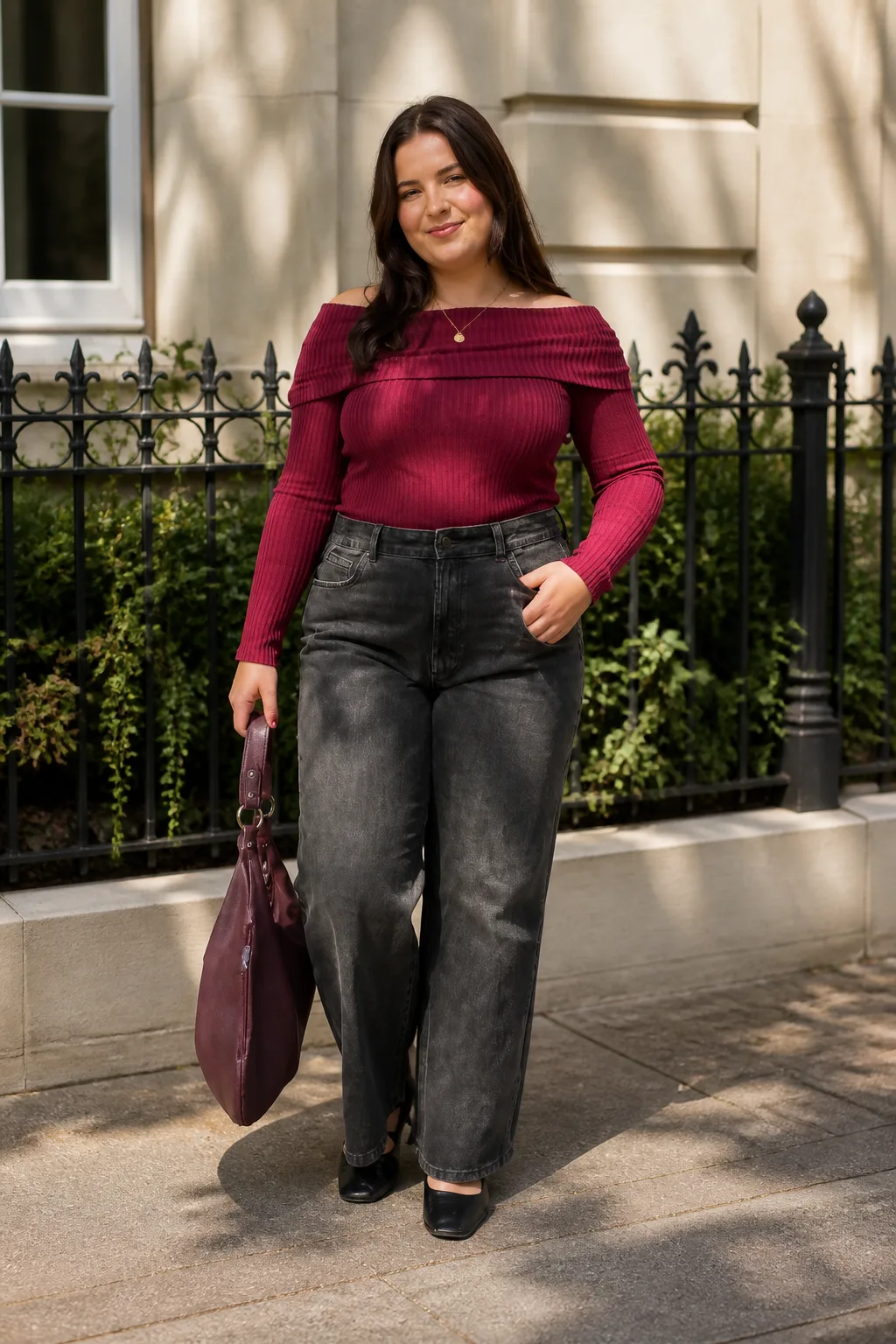 Off-Shoulder Elegance with Wide-Leg Jeans