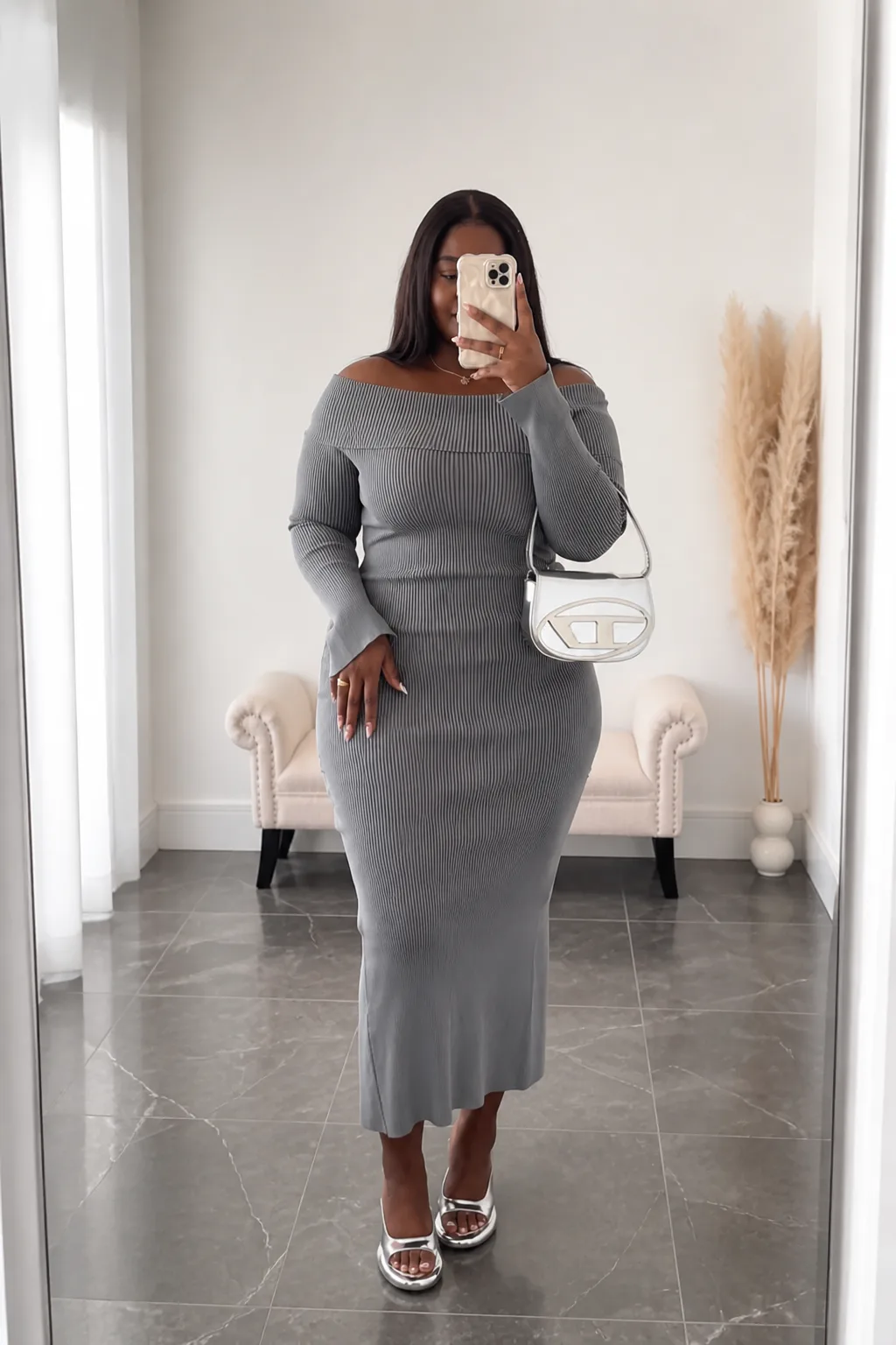 Off-Shoulder Ribbed Midi Dress Elegance