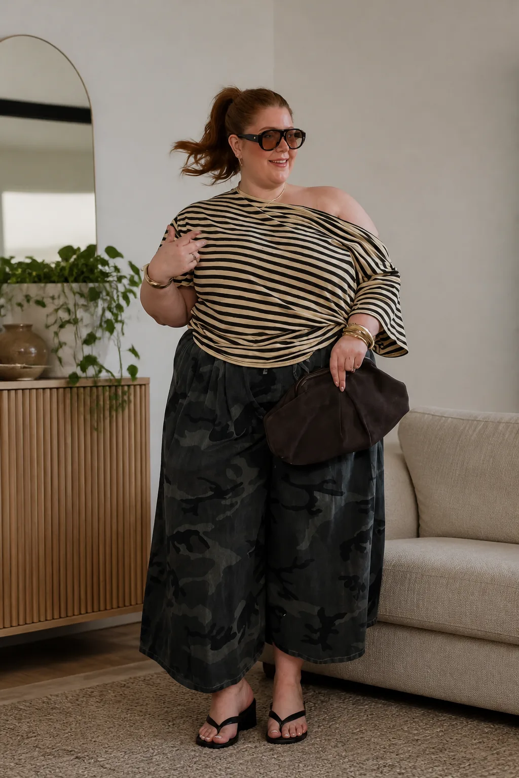 Off-shoulder striped top styling
