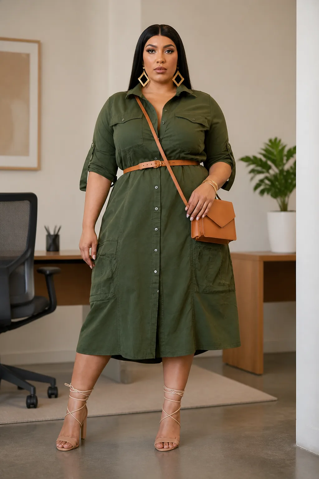 Olive Shirt Dress with Statement Accessories