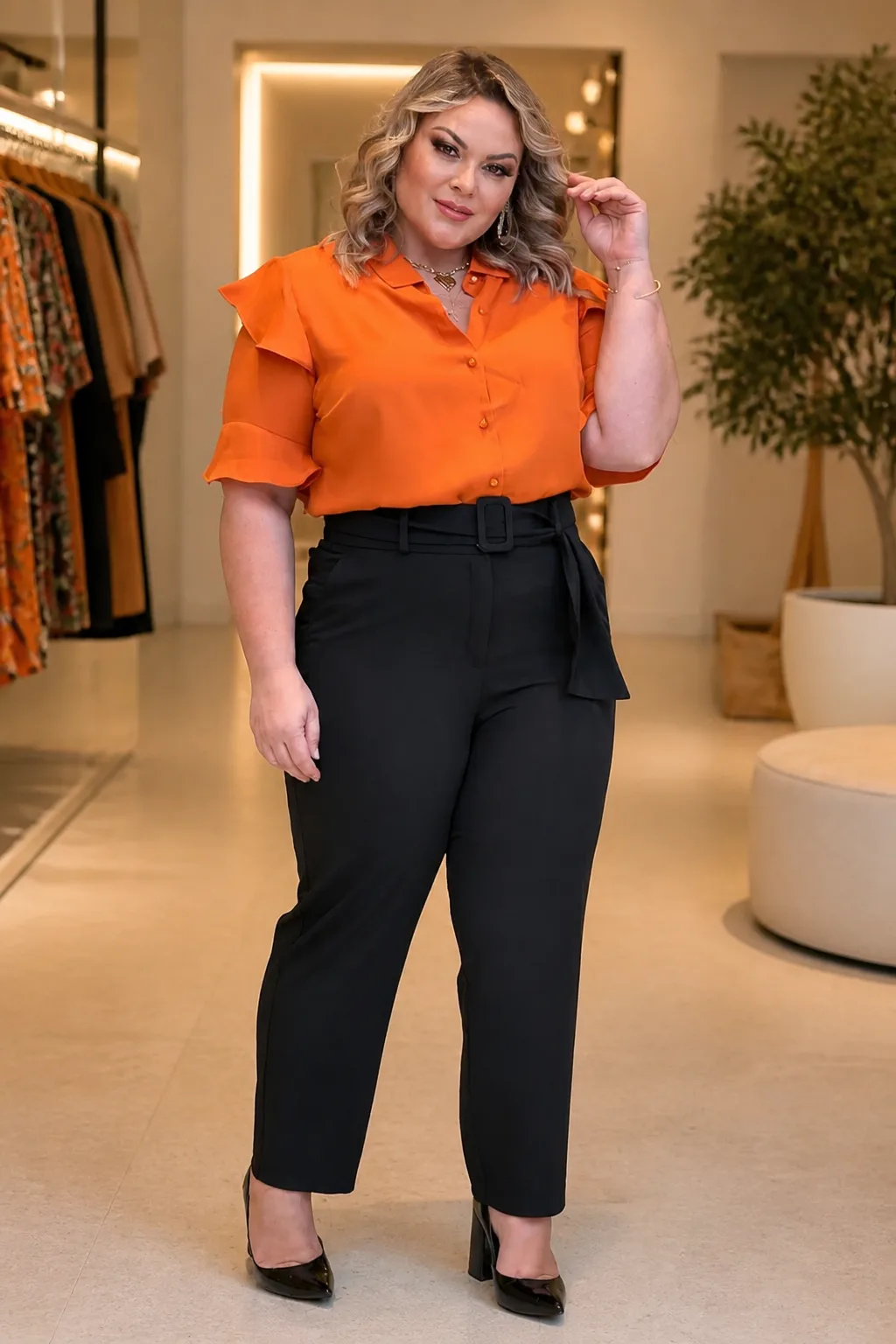 Orange Button-Up and Black Pants