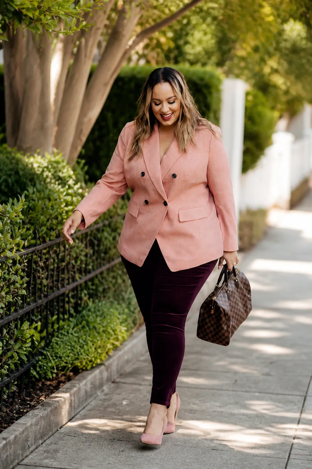 Pink Blazer with Burgundy Pencil Skirt