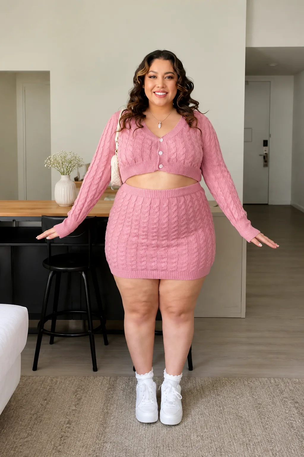 Pink Knit Crop Top and Skirt