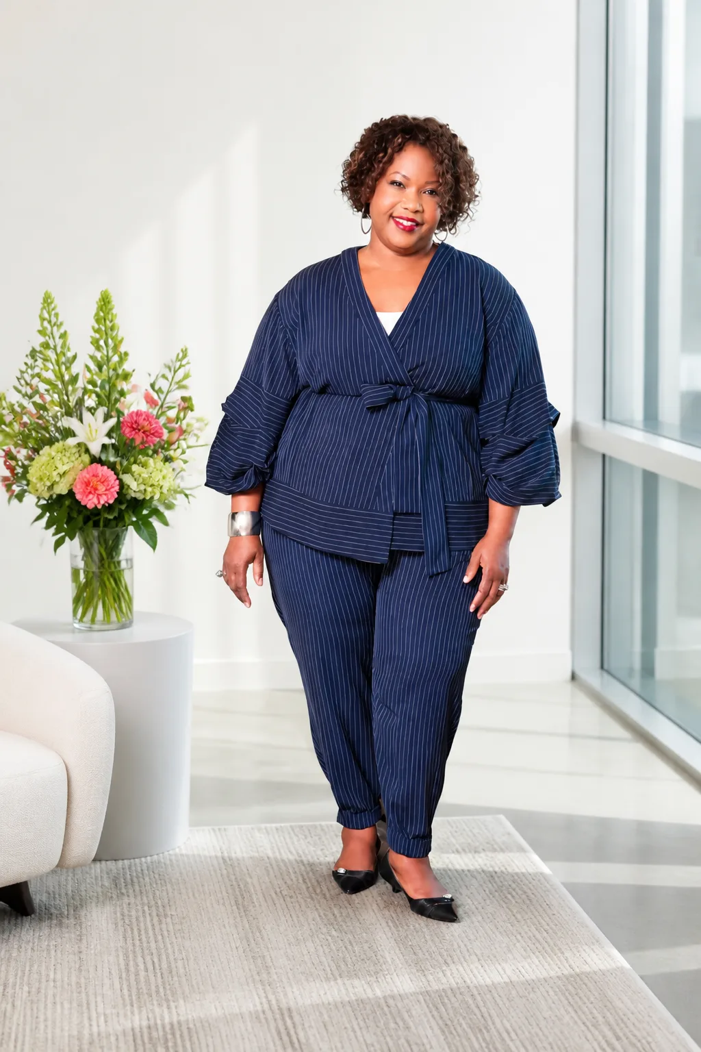 Pinstriped Power Suit with Kimono Jacket