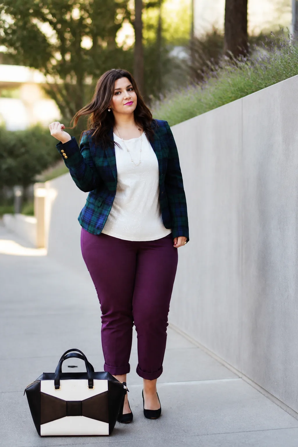 Plaid Blazer and Colored Trousers For Office Wear