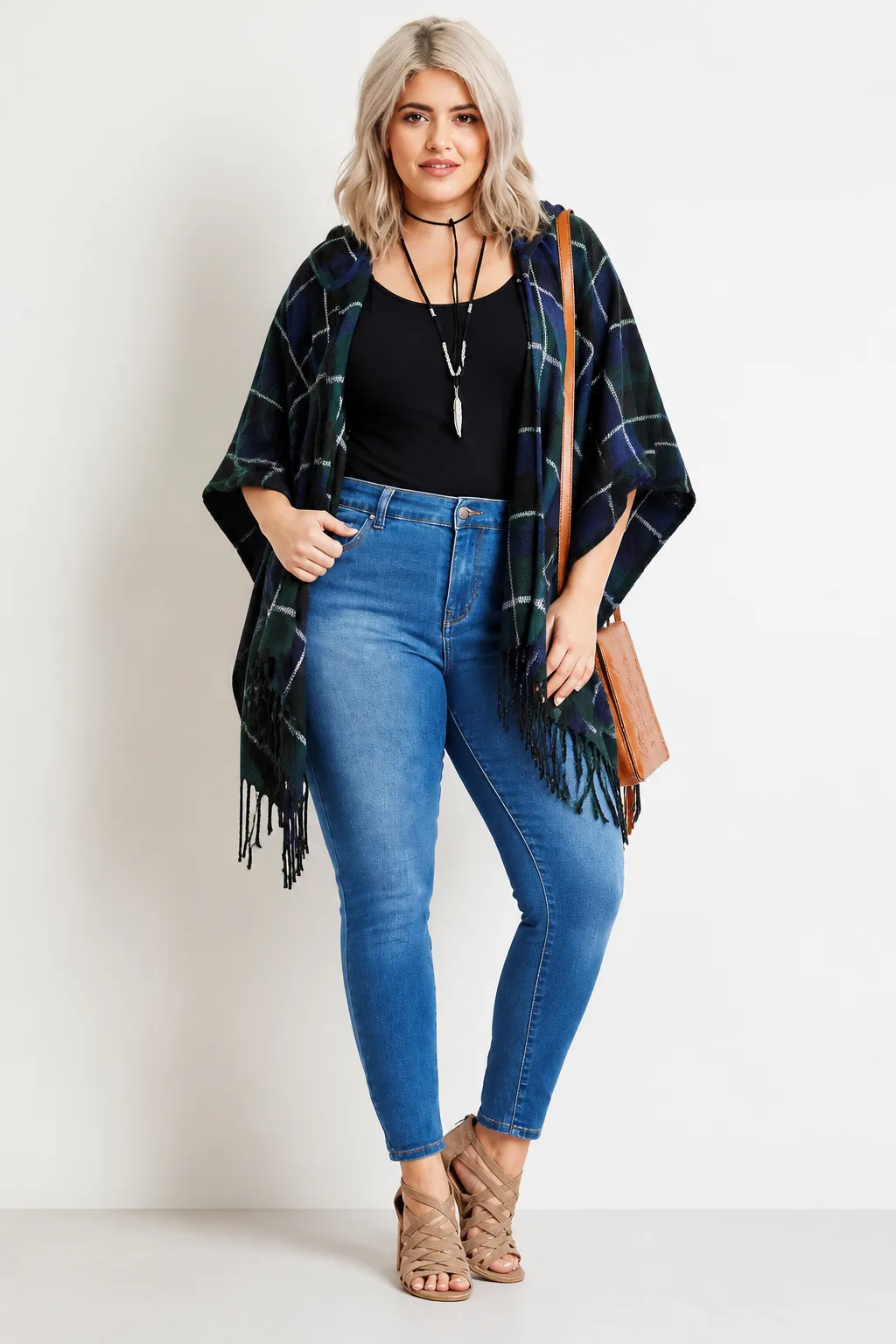 Plaid Poncho and Denim Perfection