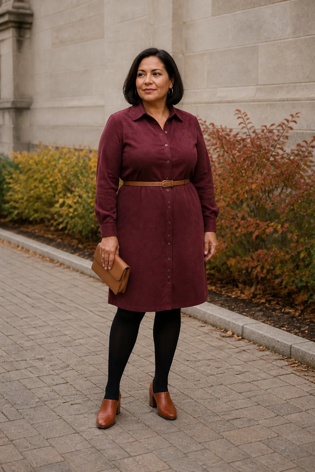 Plus Size Burgundy Faux Suede Shirtdress With Opaque Tights Outfit