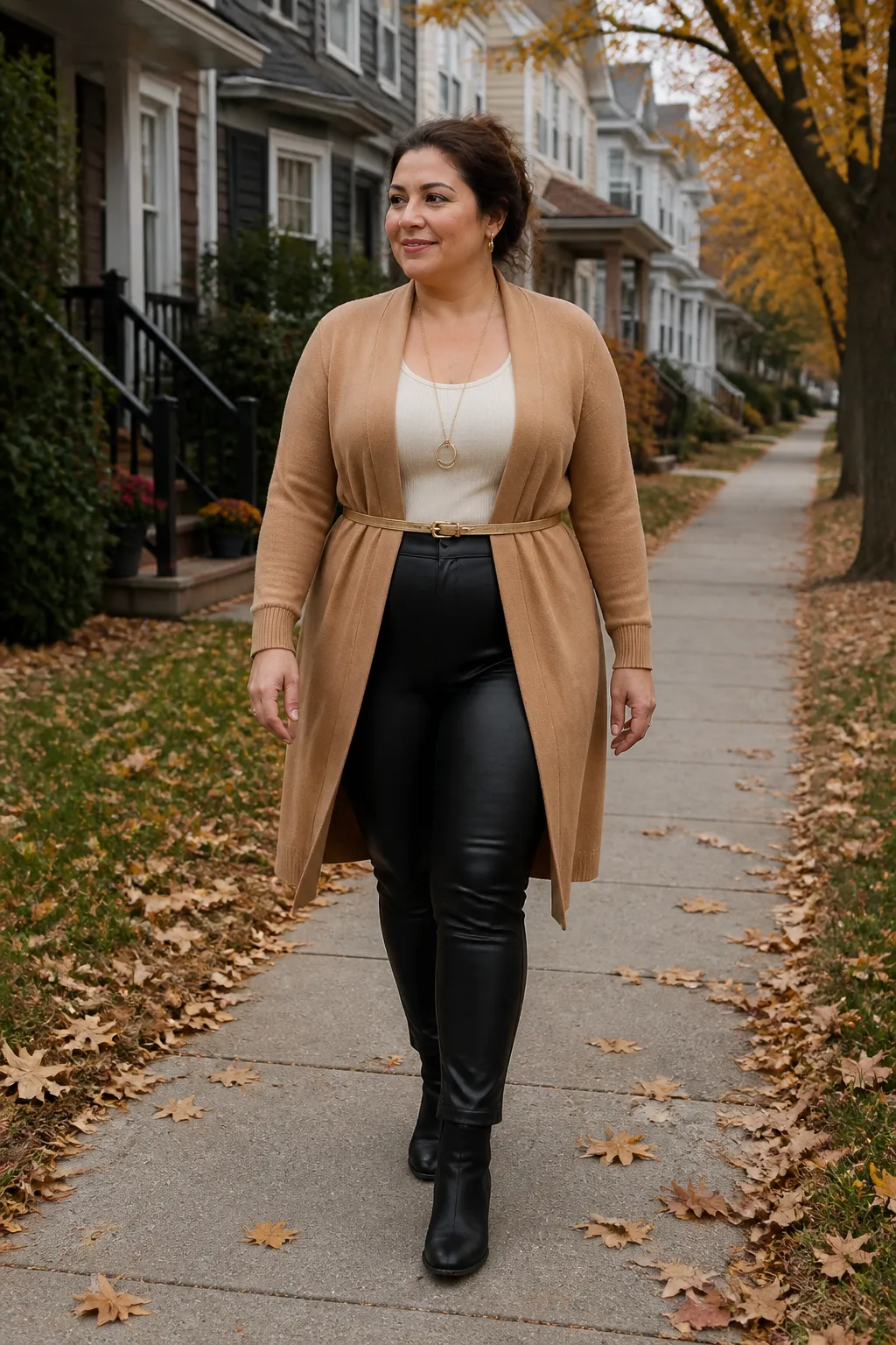 Plus Size Camel Longline Cardigan With Faux Leather Leggings Outfit