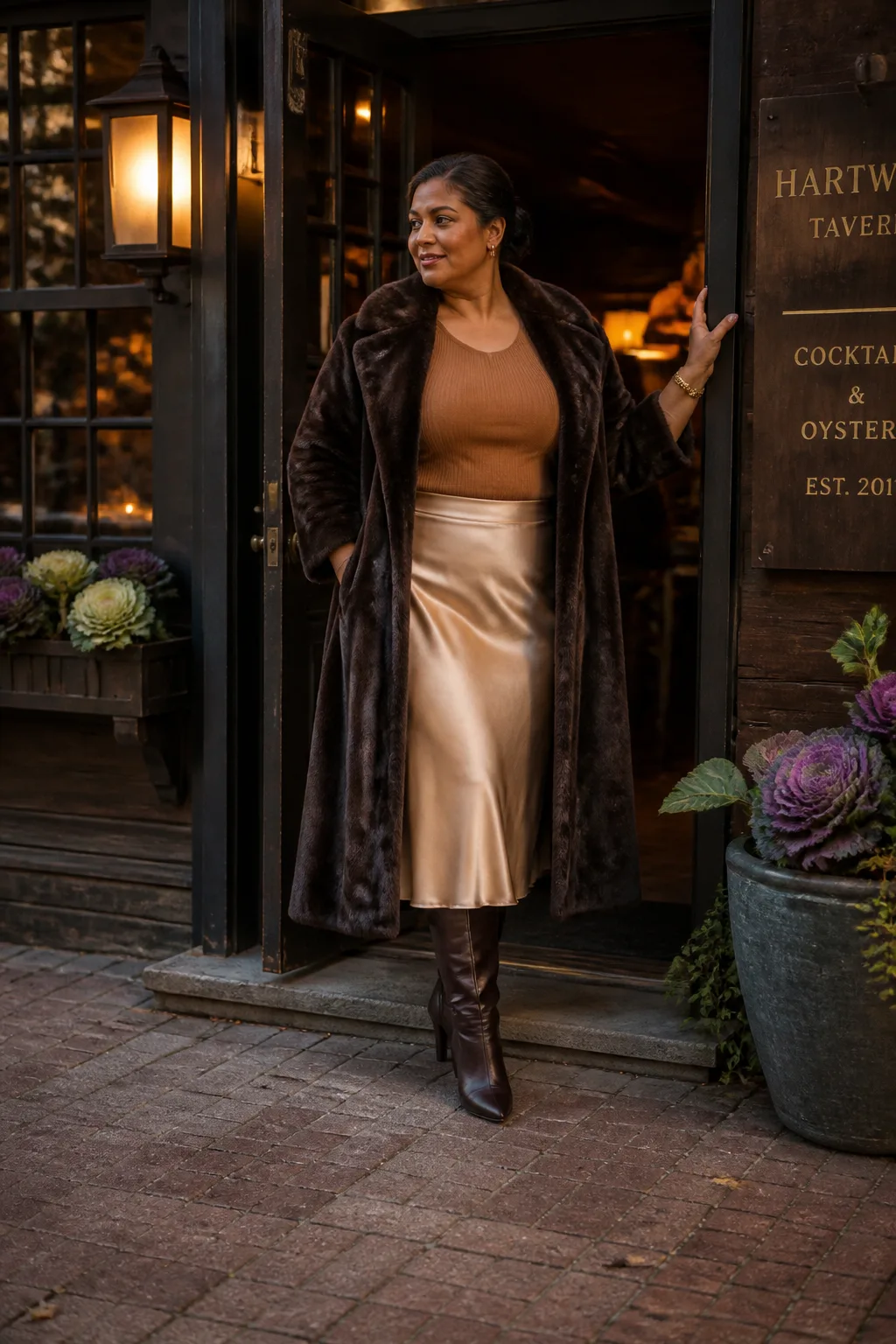 Plus Size Chocolate Brown Faux Fur Coat With Satin Slip Midi Skirt Outfit