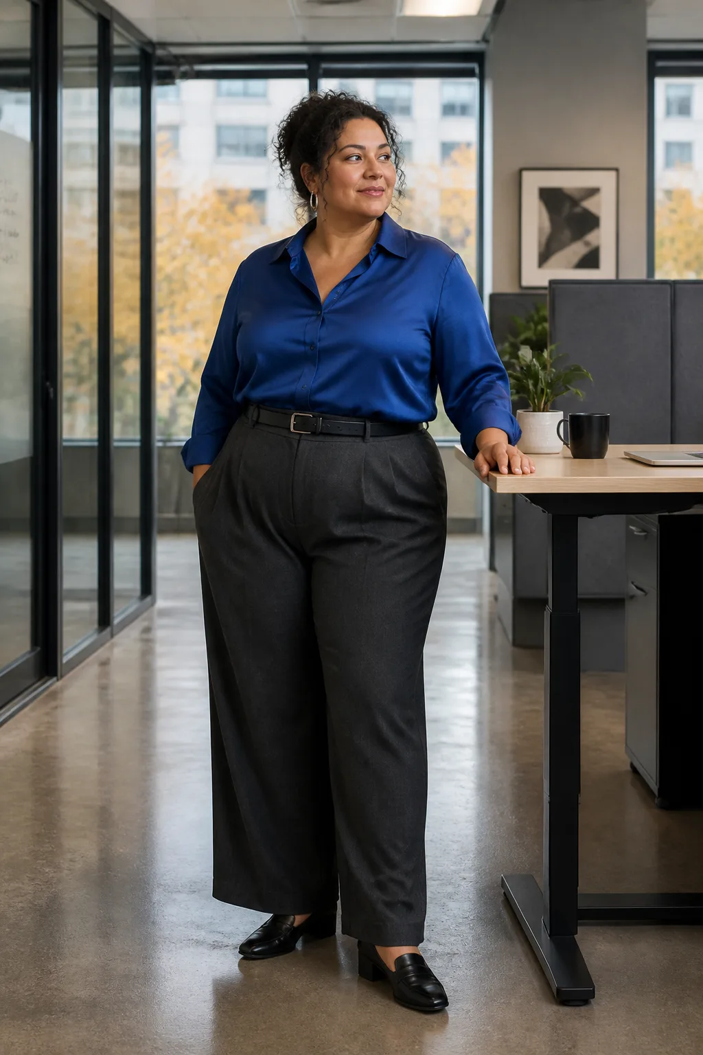 Plus Size Cobalt Blue Satin Blouse With Tailored Charcoal Wide-Leg Trousers Outfit