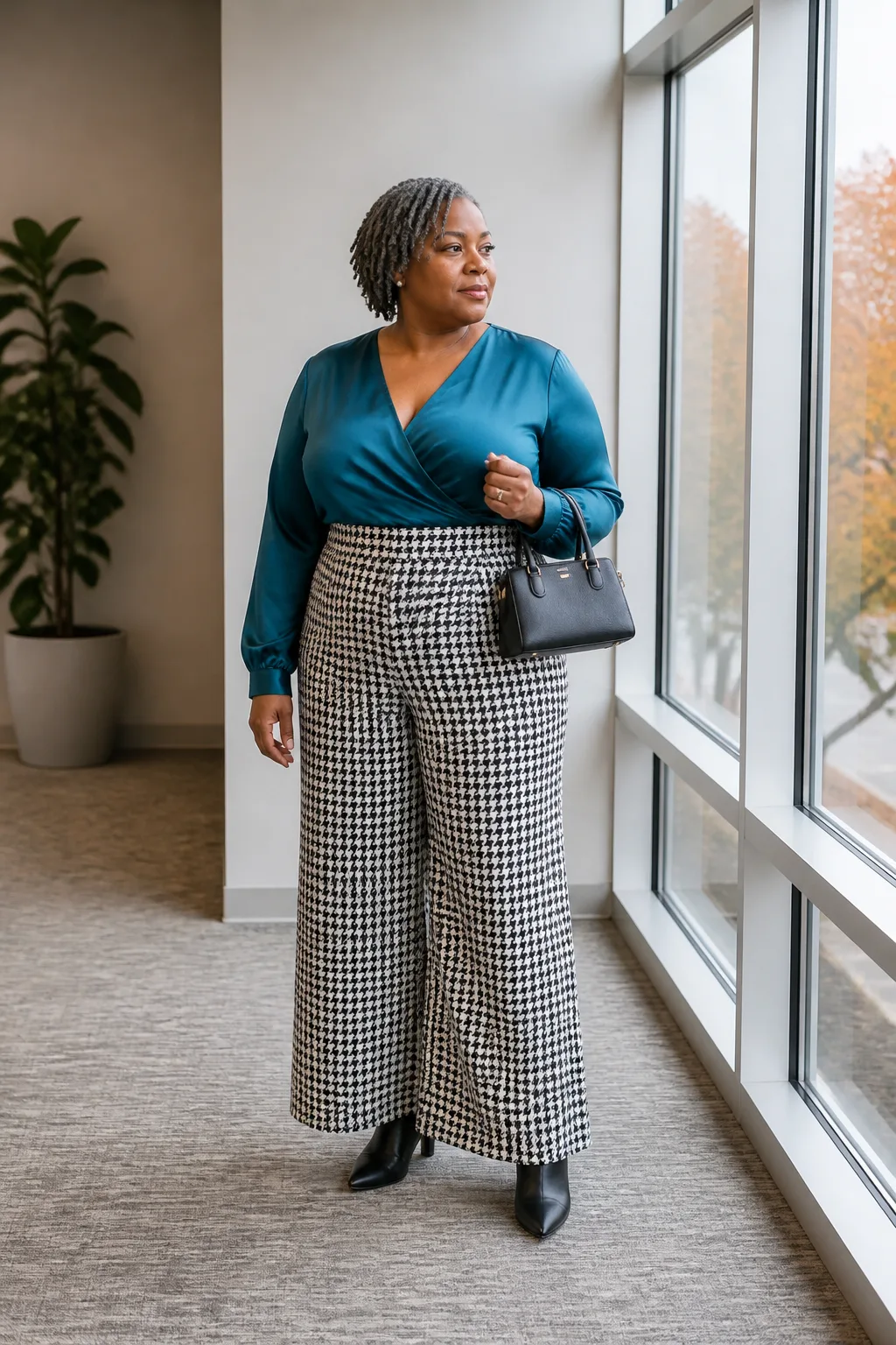 Plus Size Deep Teal Wrap Blouse With Houndstooth Wide-Leg Trousers Outfit