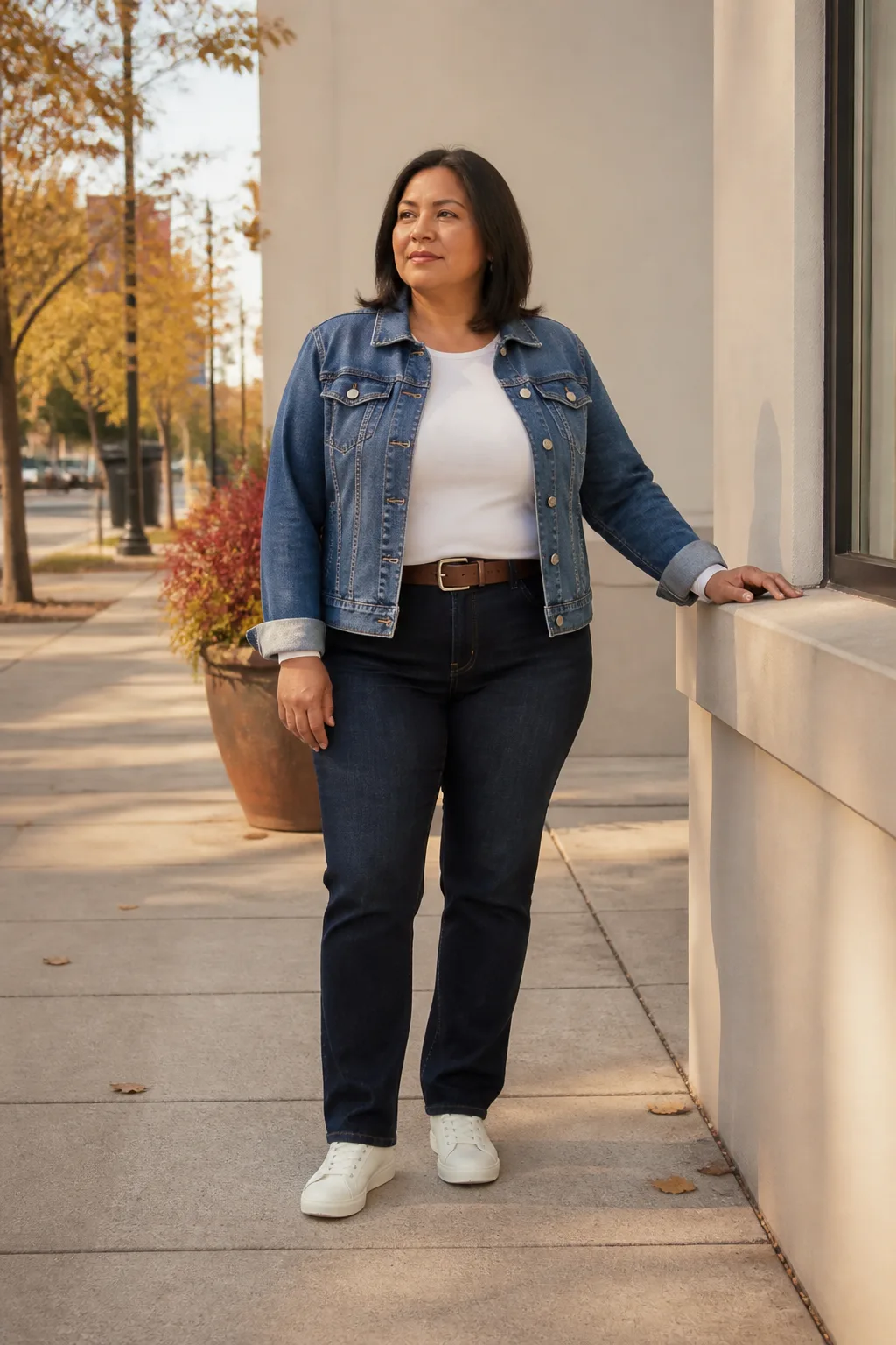 Plus Size Denim-On-Denim Canadian Tuxedo With Contrast Stitching Outfit