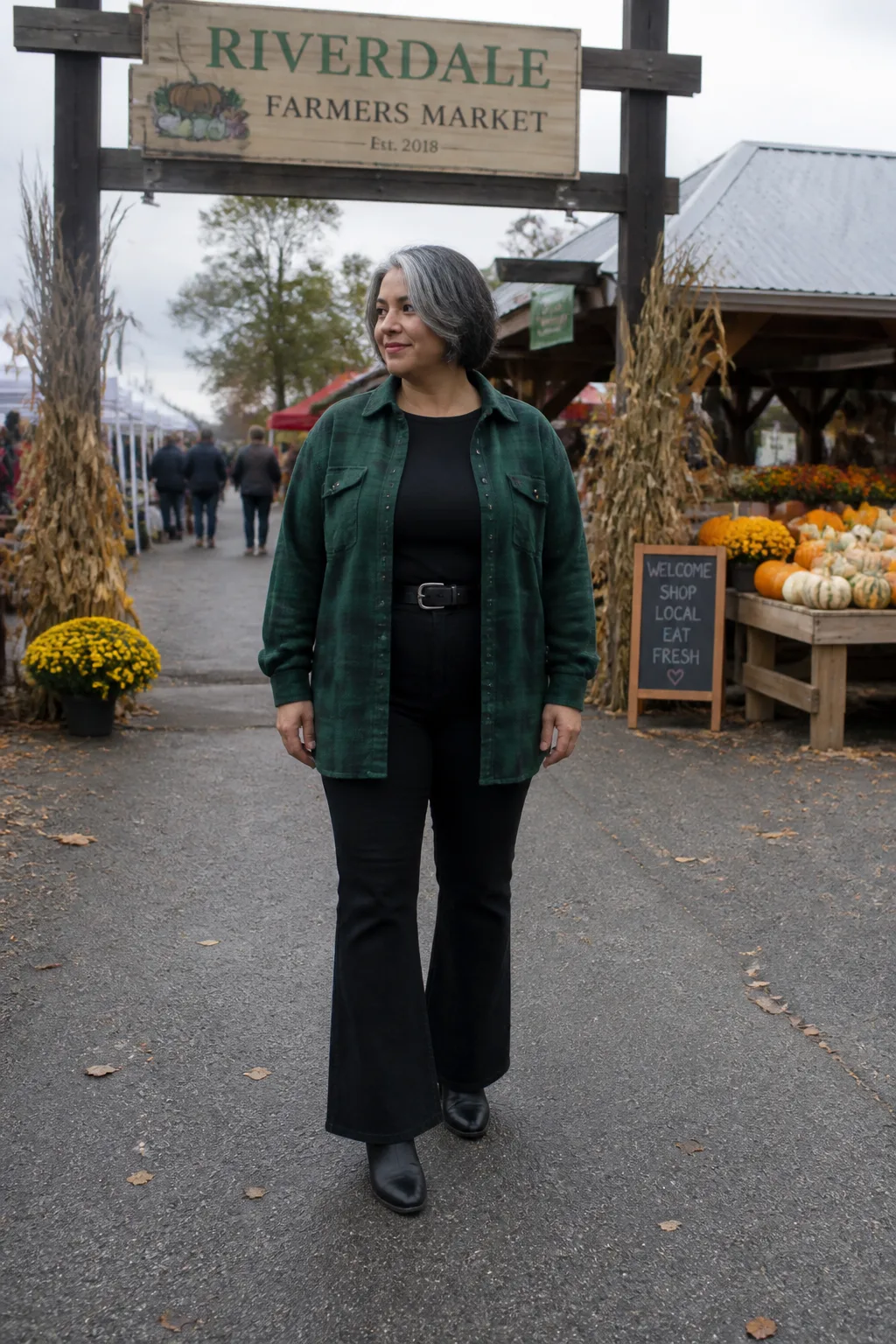 Plus Size Forest Green Shacket With Black Flared Jeans Outfit