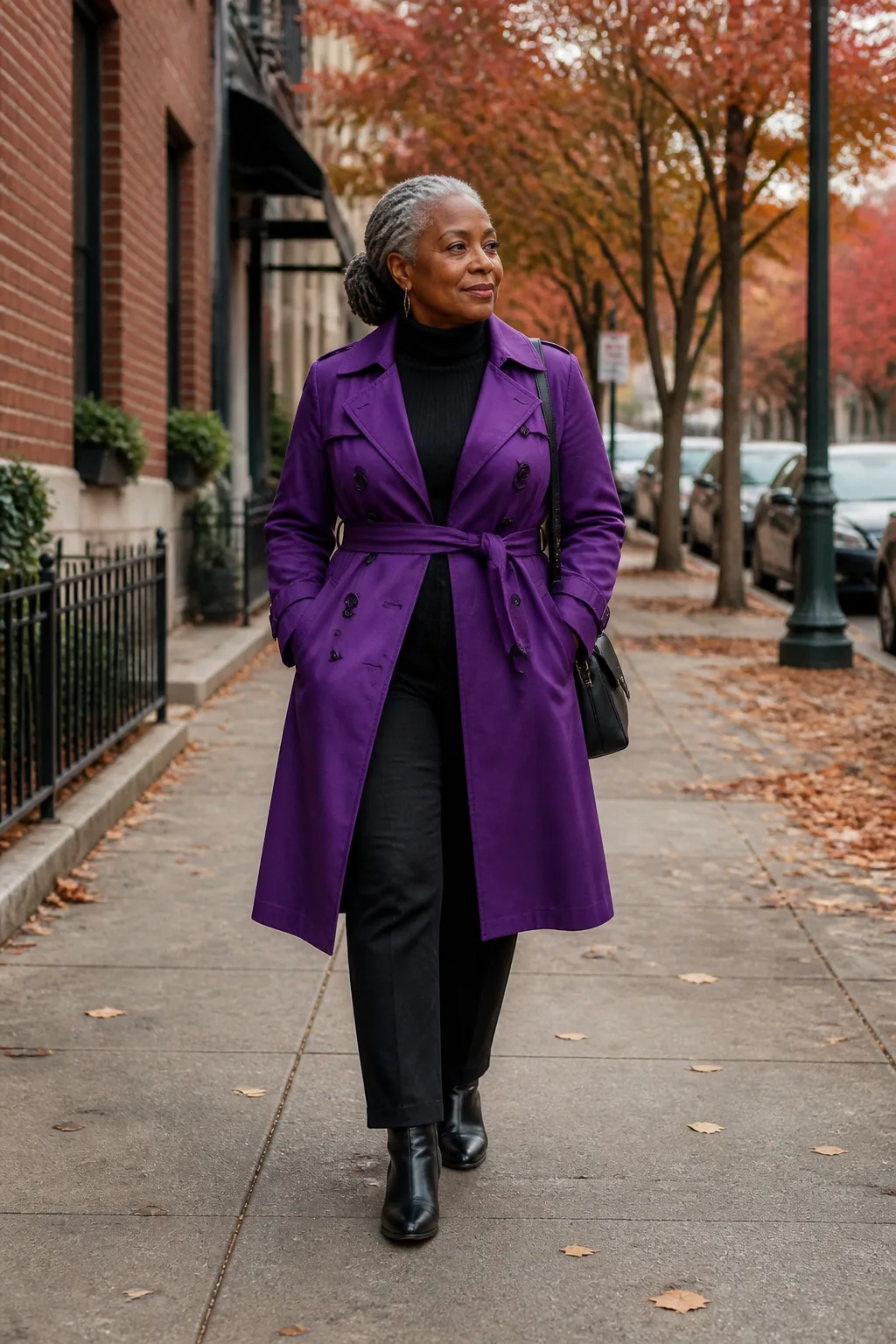 Plus Size Jewel-Tone Purple Trench Coat With All-Black Outfit Underneath