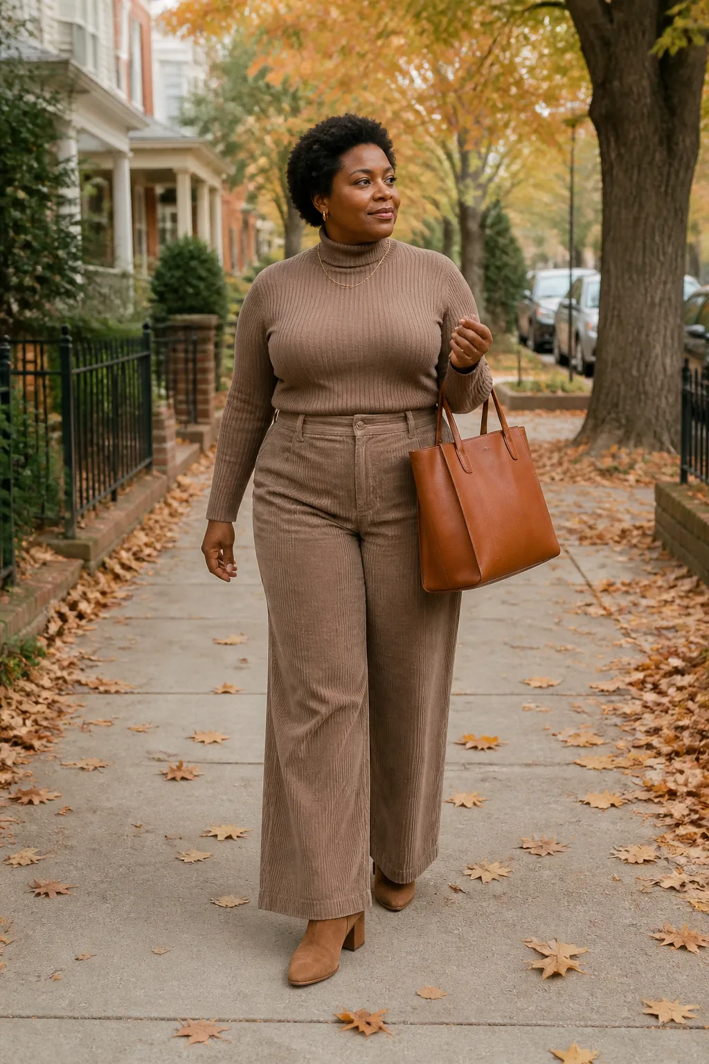 Plus Size Mocha Ribbed Turtleneck With Wide-Leg Corduroy Pants Outfit